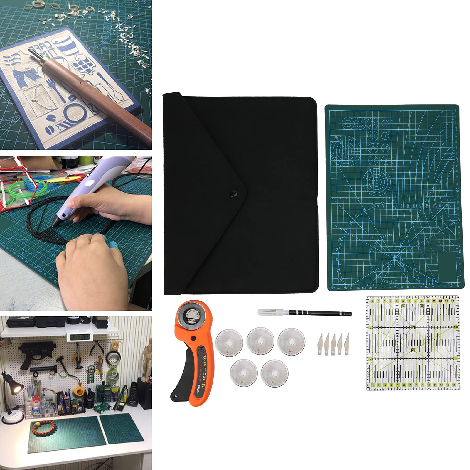 Rollschneider-Set mit selbstheilender A4-Schneidematte, 5 Ersatzklingen und Werkzeug-Aufbewahrungstasche für Lederschnitzerei, Gravur, Stoffkunst, Patcharbeiten, Nähen und