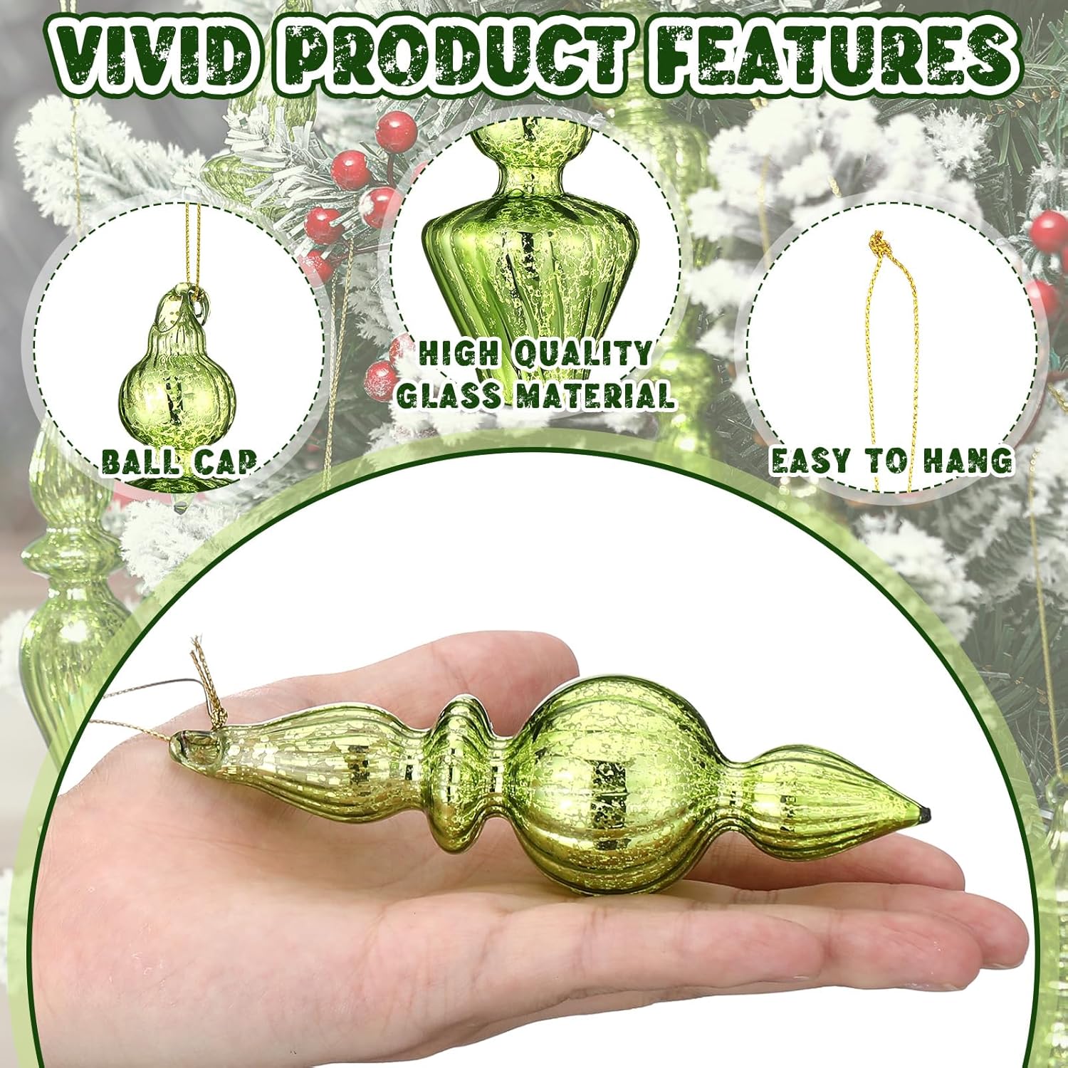 Mifoci 8 Pcs 6 Inch Mercury Glass Finial Christmas Ornaments Hanging Christmas Finials Glass Ornaments Assorted Mercury Decor for Vintage Holiday Xmas Tree Decoration(Fresh Green) - Image 4