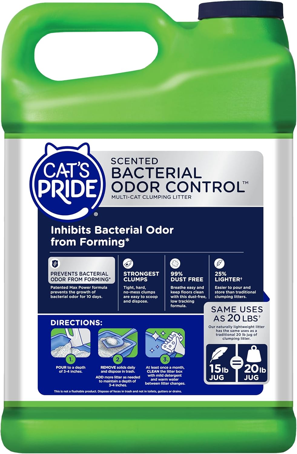 Cat's Pride Max Power: Bacterial Odor Control - Up to 10 Days of Powerful Odor Control - Strong Clumping - 99% Dust Free - Multi-Cat Litter, Scented, 15 Pounds (Pack of 2)