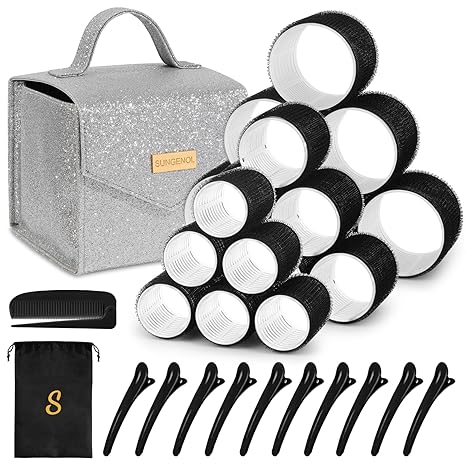 Hair Roller Set 18 pcs,Heatless Hair Curlers,Self Grip Hair Rollers,Hair rollers with hair clips and comb,Salon hairdressing curlers,DIY Hair Styles, Sungenol 3 Sizes Hair Rollers in 1 set