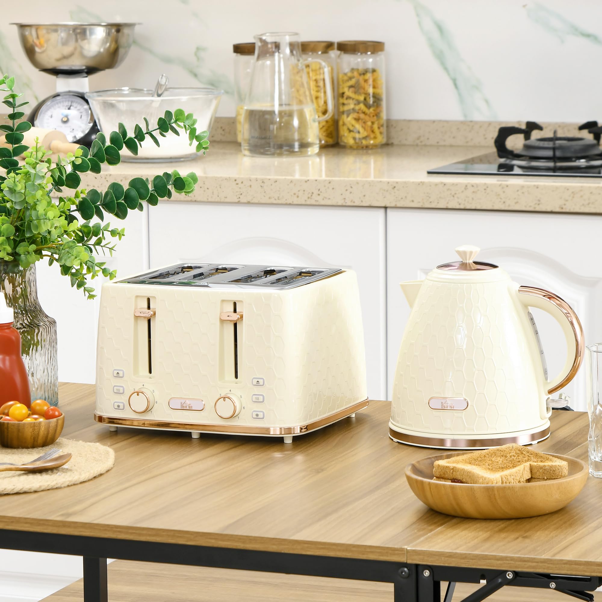 HOMCOM Kettle Toaster Set 1,7L Bollitore 4 fette di pane tostato Set per la colazione con 7 livelli di doratura, spegnimento automatico, funzione di scongelamento e riscaldamento e vassoio