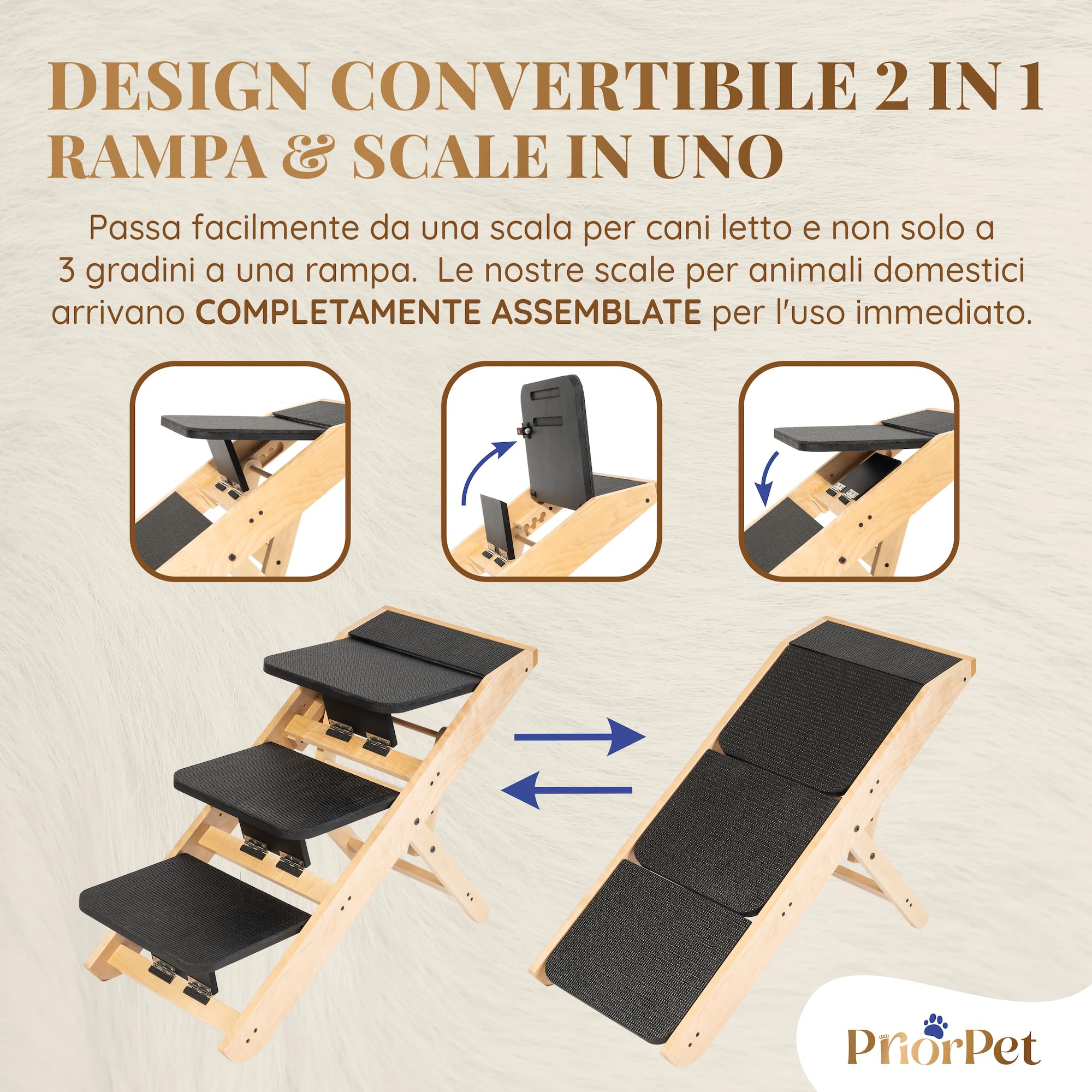 Scale per Cani 2 in 1 Rampa Regolabile 18-50 cm - Pet Gradini con Piattaforma Naturale