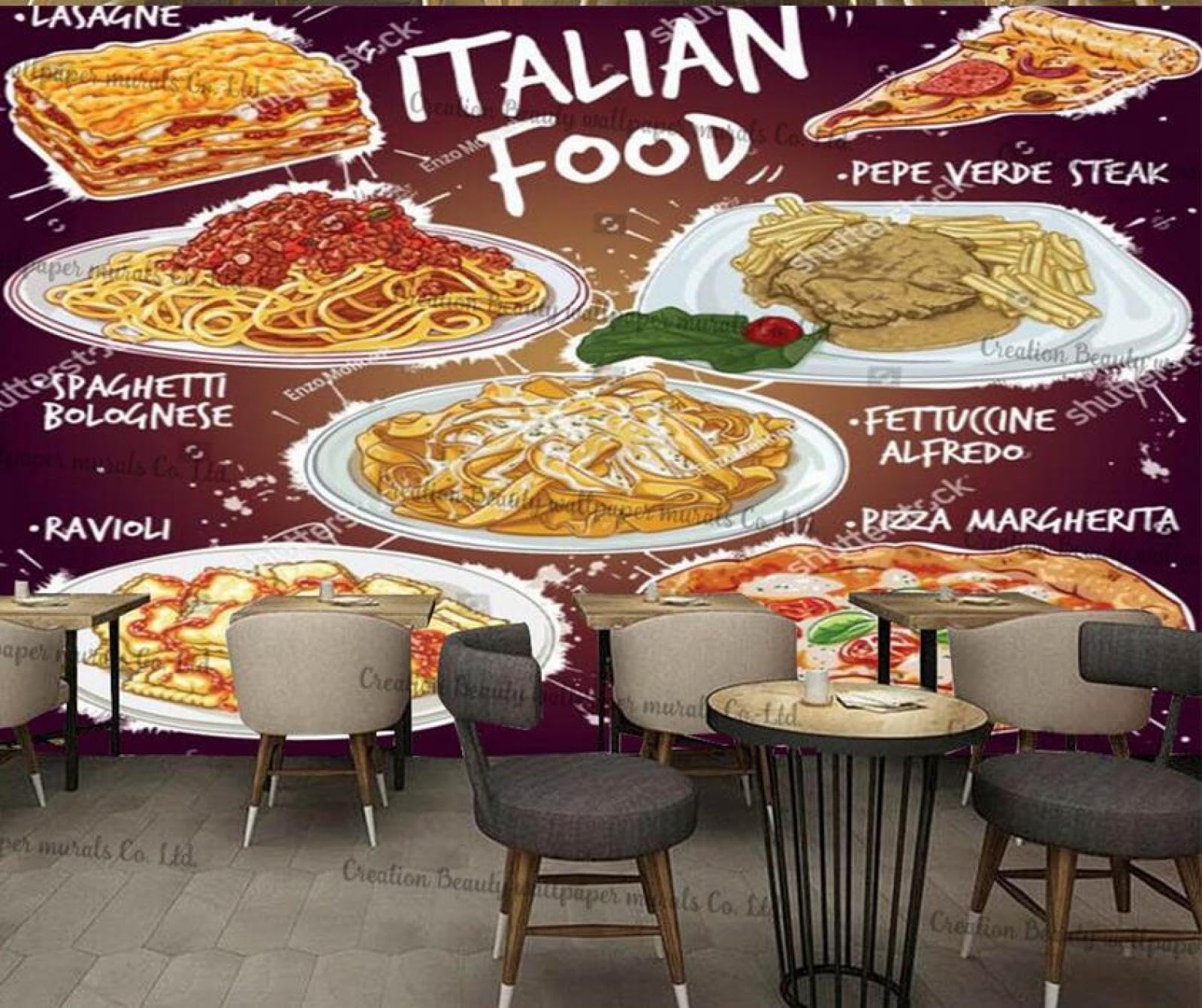 Tapete Benutzerdefinierte 3D Fototapete Home Decorhandbemalte Italienische Küche,Industrielles Dekor,Individuelle Wandtapete,Pizza,Margherita Und Ravioli,Fast-Food-Tapete-300Cmx210Cm