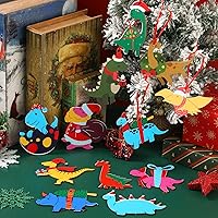 Vista 5 de Remerry 48 piezas de adorno de dinosaurio de Navidad para niños, figuras de dinosaurio de madera, adorno colgante para árbol de Navidad