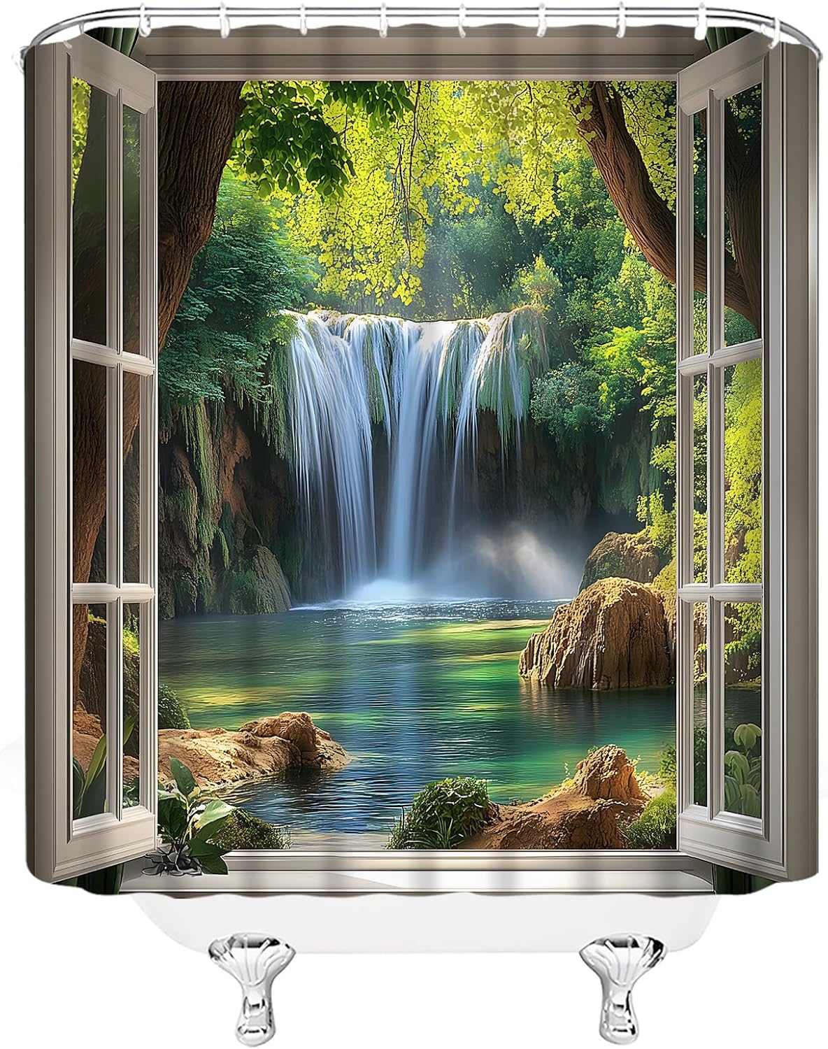 Waterfall Shower Curtain Rainforest Tropical Jungle Natur Scenery 3D Forest Landscape Garden Outdoors Lake River Outdoor Fabric Bathroom Decor Set with Hooks(70" WX70 H)