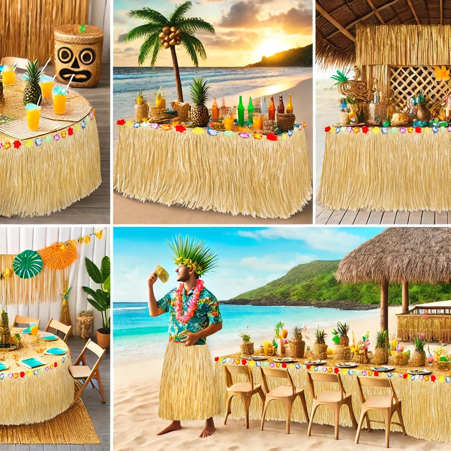 2 Pack Table Skirt Luau Party Decorations, Flower 53.2" X 29.5" Grass Table Skirts for Luau Party Summer Tropical Hawaiian Party Decorations (A-2 Pack) - Image 7