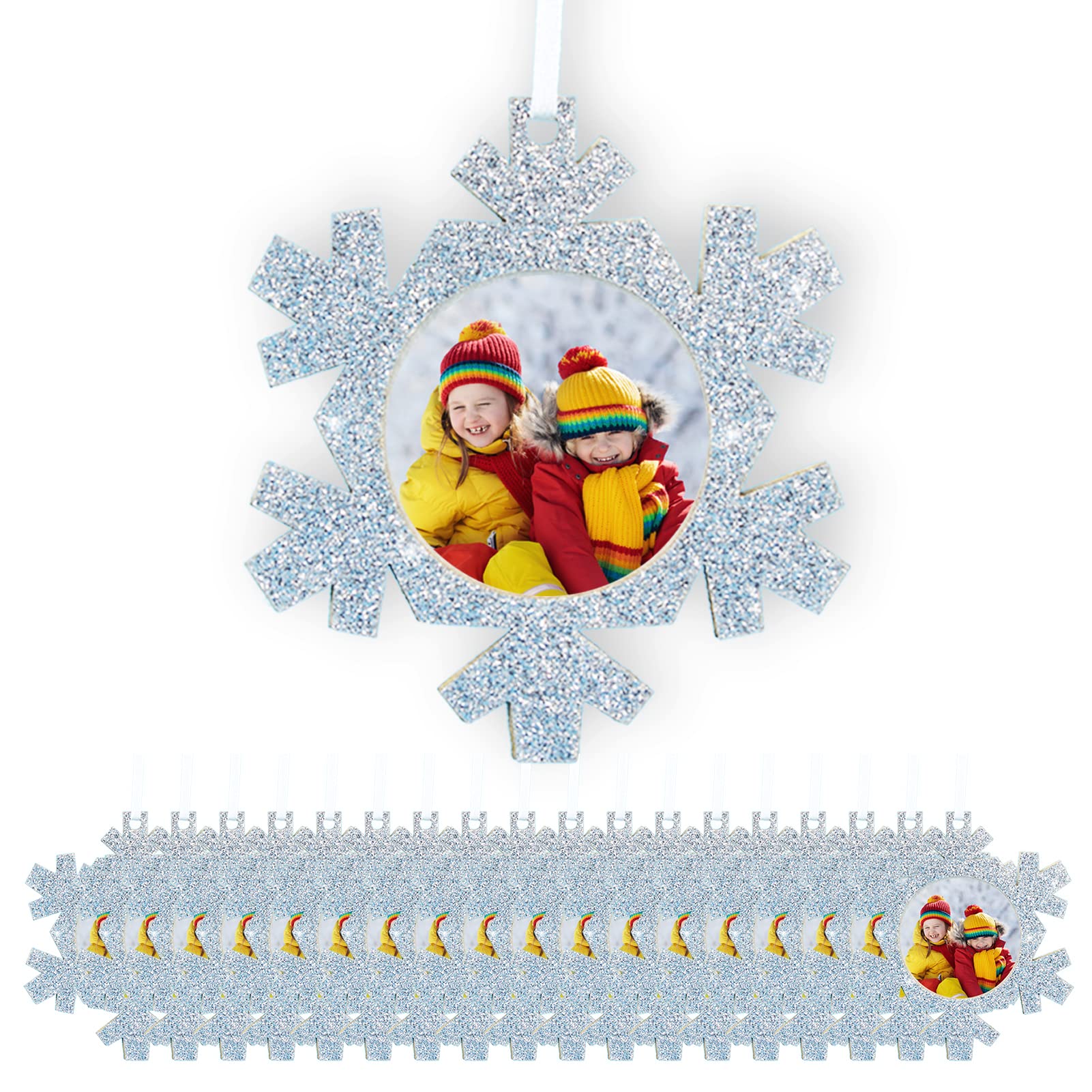 Fassory Silver 20 Pcs Christmas Ornaments Felt Glittering Hanging Photo Frame, Xmas Tree Baubles, Pictured Gift Tags, Anniversary Decorations, Birthday Party Supplies ( Snowflakes)