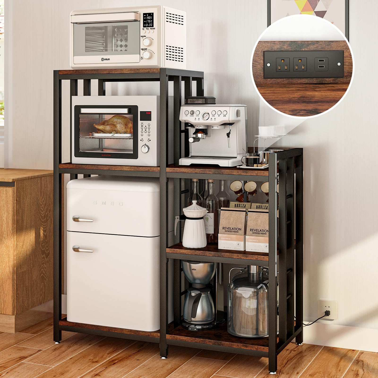 METYERRY 6-Tier Adjustable Mini Fridge Cabinet with Power Outlet,Kitchen Bakers Rack with Storage,Mini Fridge and Microwave Stand,Coffee Bar, Free