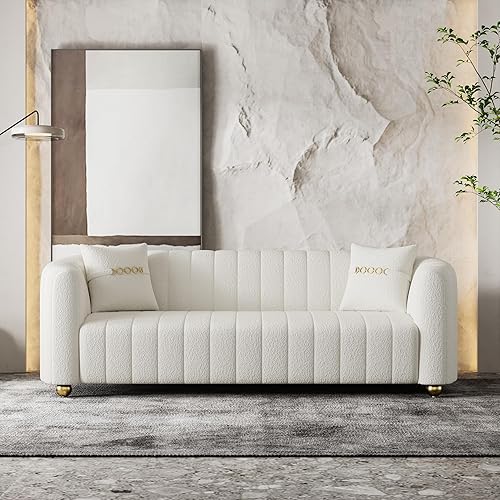 Sofá de felpa de lujo para sala de estar, sofá moderno de mediados de siglo de 84 pulgadas, sofá de 3 plazas con patas doradas y 2 almohadas, sofá