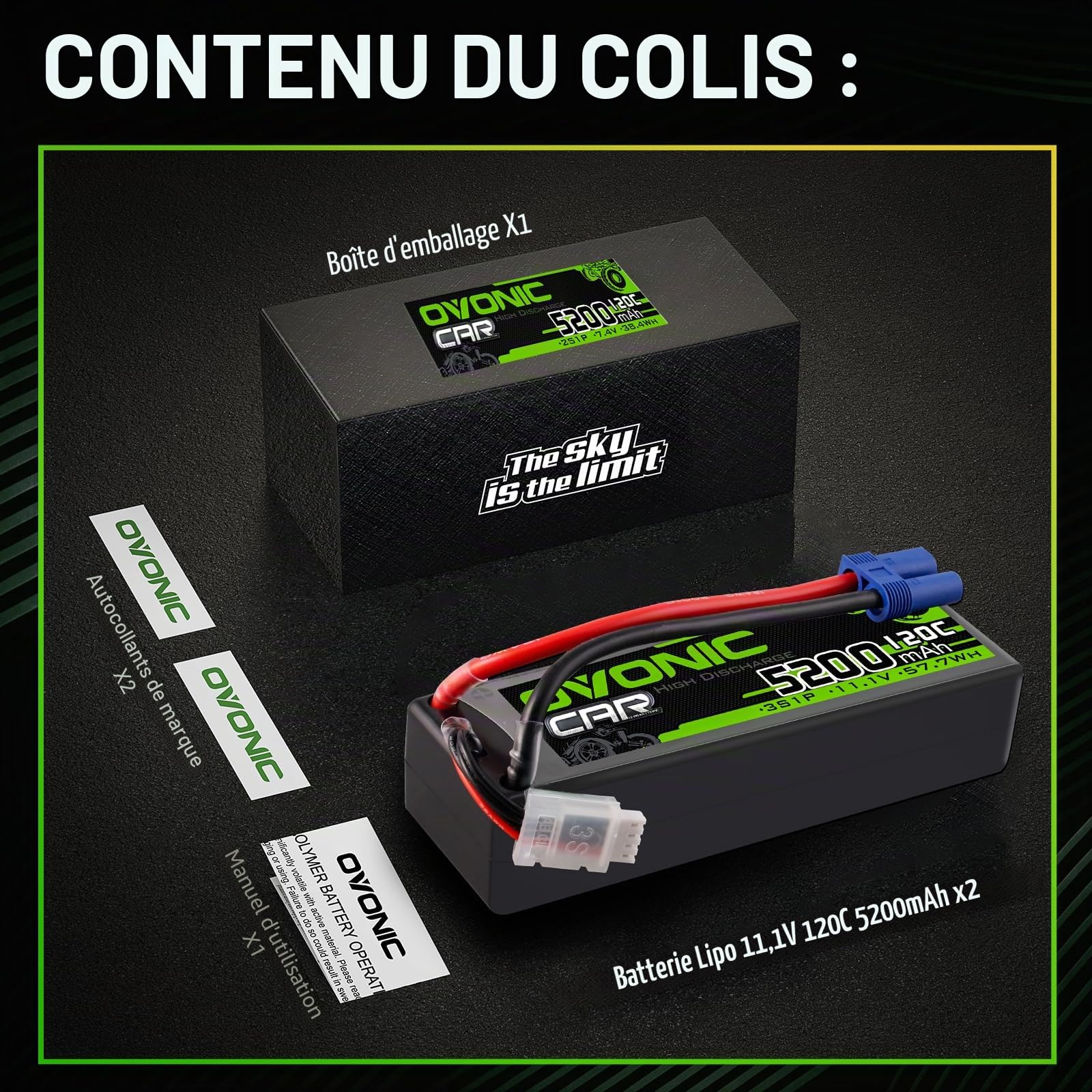 OVONIC Lot de 2 batteries Lipo 3S 11,1 V 5200 mAh 120 C avec fiche EC5 pour voiture RC camion truggy quadcopter hélicoptère camion bateau avion