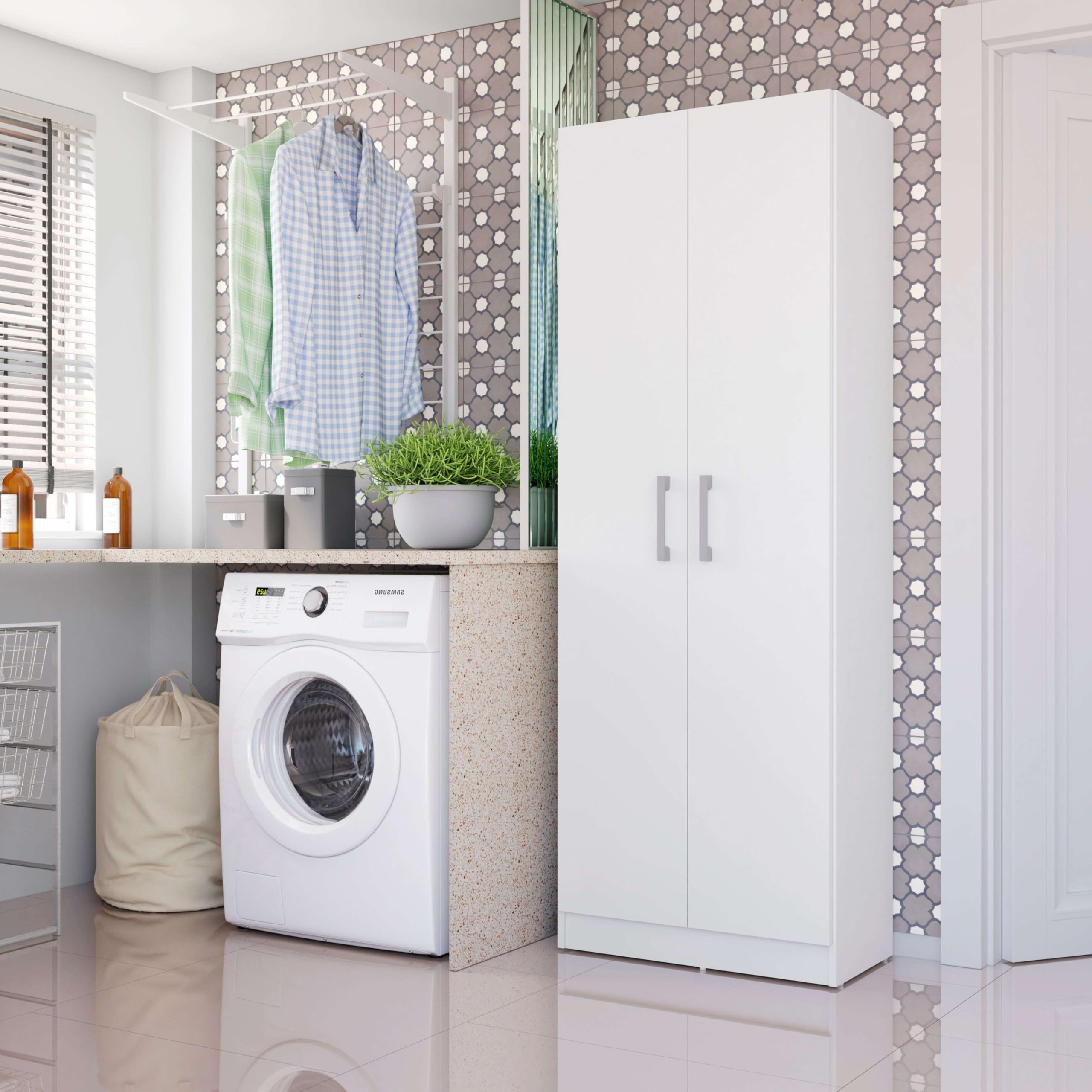 Miroytengo Armario Auxiliar Multiusos Alto con 2 Puertas Abatibles y 4 Espacios Interiores en Color Blanco Mate 61x170 cm