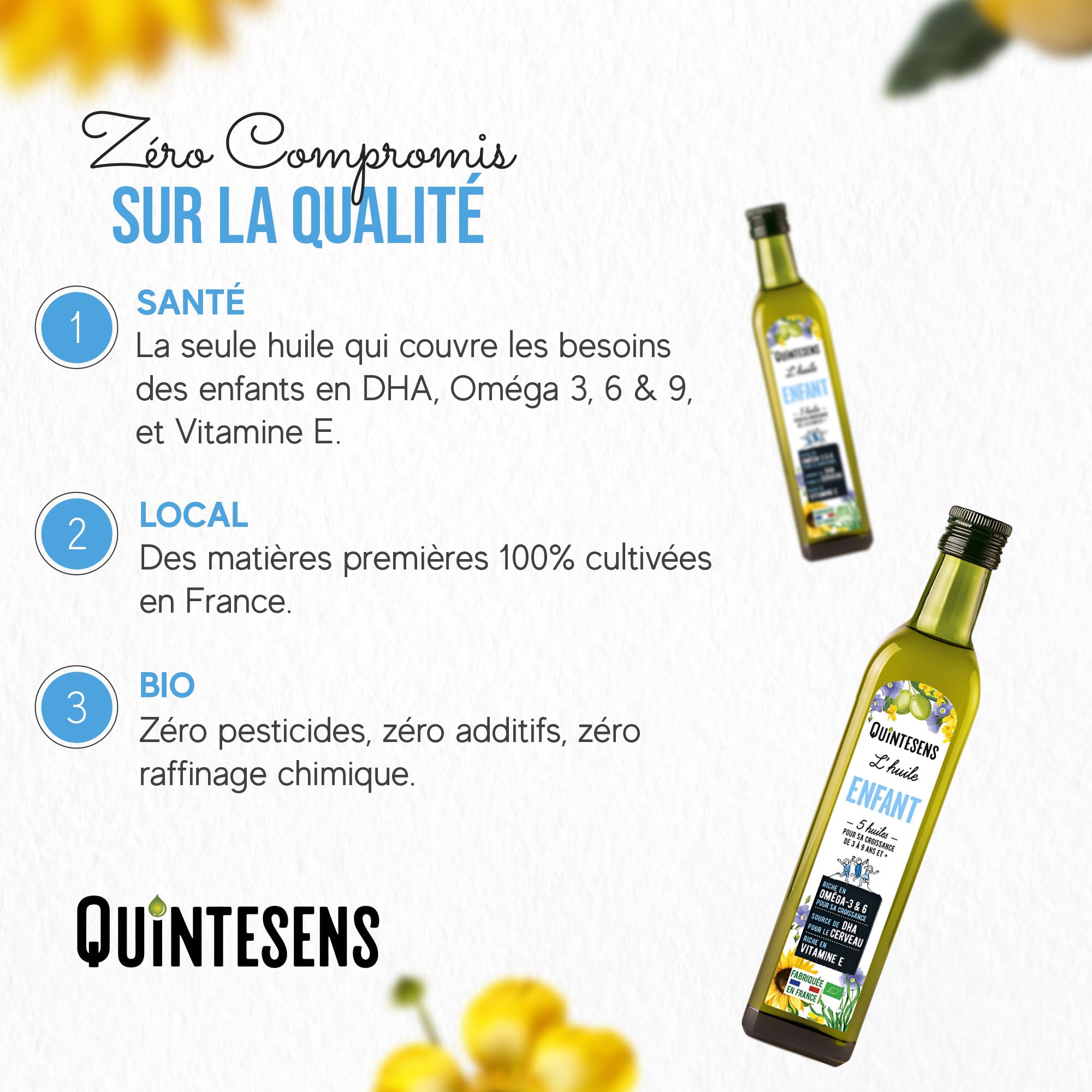 Lot 3 Huiles Enfant QUINTESENS 250ml - Apports en DHA, Oméga 3, 6 & 9 et Vitamine E pour un Développement Solide pour la Vie - Production 100% Française & Biologique