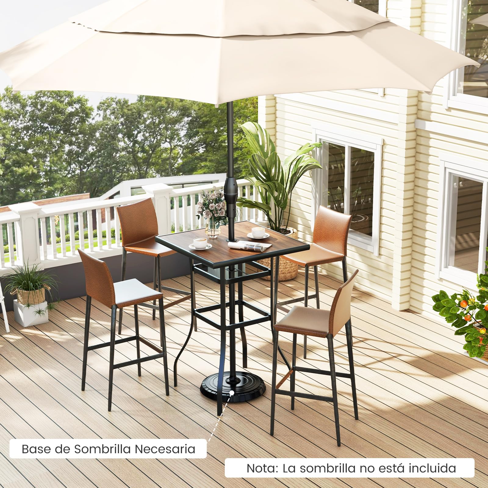 COSTWAY Mesa Alta Cocina, Mesa Alta Cuadrada 70cm, Mesa Bar con Orificio para Sombrilla de 39 mm, Estructura de Metal, Mesa Alta Exterior Jardin Terraza