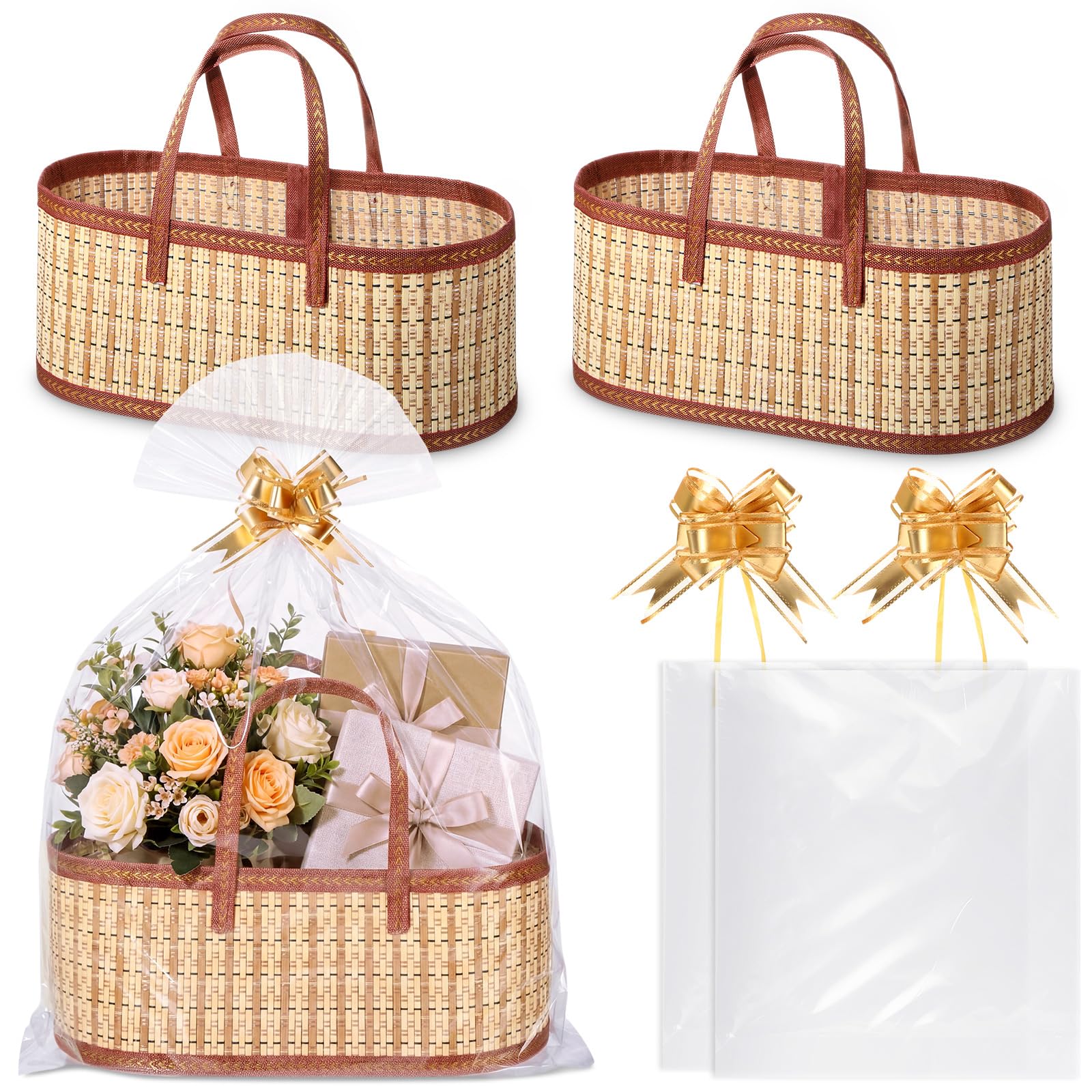 Reallnaive Set di 12 cesti regalo vuoti da riempire grandi cesti in bambù con manici, 40 x 20 x 16 cm, include sacchetti trasparenti e fiocchi per lotteria, baby shower, festa della mamma