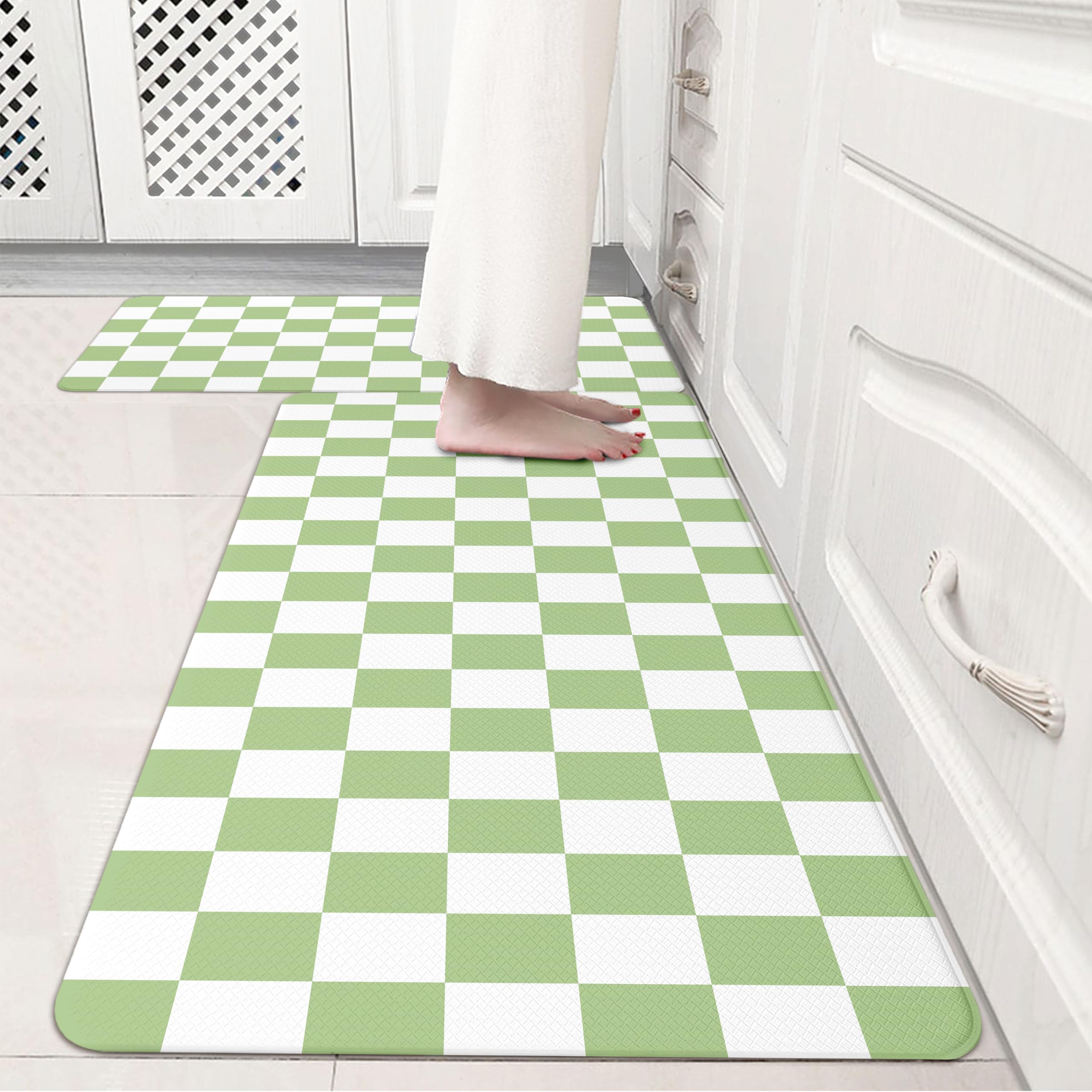 VivaNest Fresh Green Checkered Grid Checkerboard Kitchen Rug Sets [2 PCs], Anti-Fatigue, Waterproof Non-Slip Kitchen Mats Heavy Duty Comfort Foam Rug