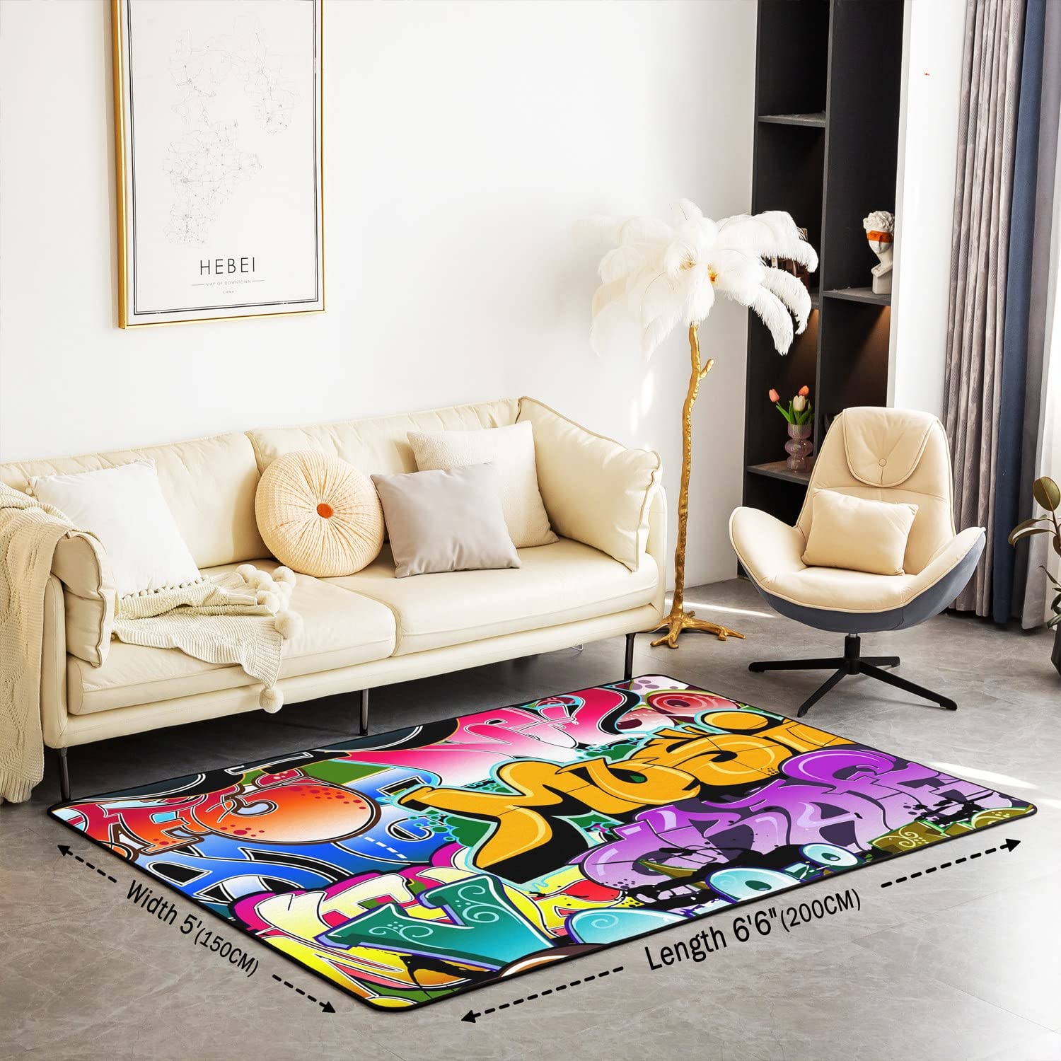 Loussiesd Tappeto stile hippie graffiti, stile hip hop, tappeto decorativo per soggiorno camera da letto, graffiti, grafica, cultura di strada, grunge, tappeto decorativo, 100 x 150 cm