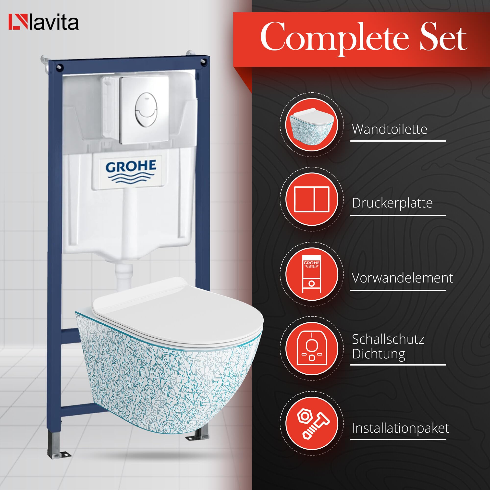 Lavita Vorwandelement Solido Start + Wand Hänge WC Sofi Slim Kresz Weiß/Blau Spülrandlos + WC Sitz mit Absenkautomatik Verchromter Knopf Komplettset Unterputz Spülkasten Toilette Komplett Sett WC