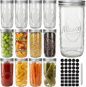 24 oz Wide Mouth Mason Jar with Lids and Bands 12 Pack | Airtight Glass Canning Jars for Preserving, Pickling,Overnight Oats and Home Decor