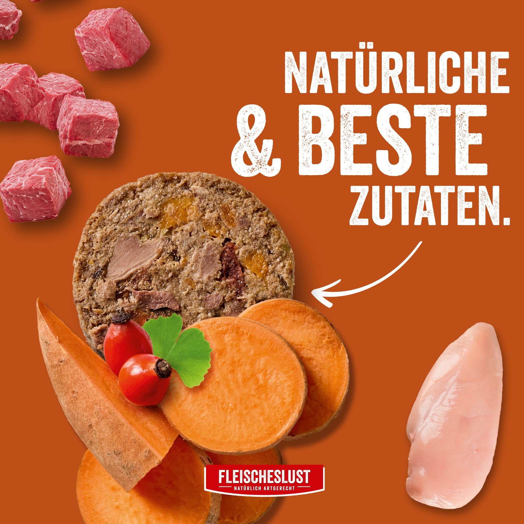 Fleischeslust Kiełbasa dla psów, starszy kurczak i wołowina ze słodkimi ziemniakami, dziką różą i miłorząbem | pudełko na karmę (6 x 800 g) | mokra karma | odporna na przecięcie | bez zbóż |