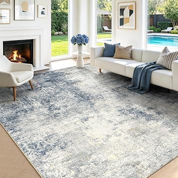 Washable Area Rug Living Room Rugs 9X12 - Neutral Modern Abstract Rugs Soft Carpet with Non Slip Backing for Under Dining Room Table, Bedroom, Home, Office, Denim Blue