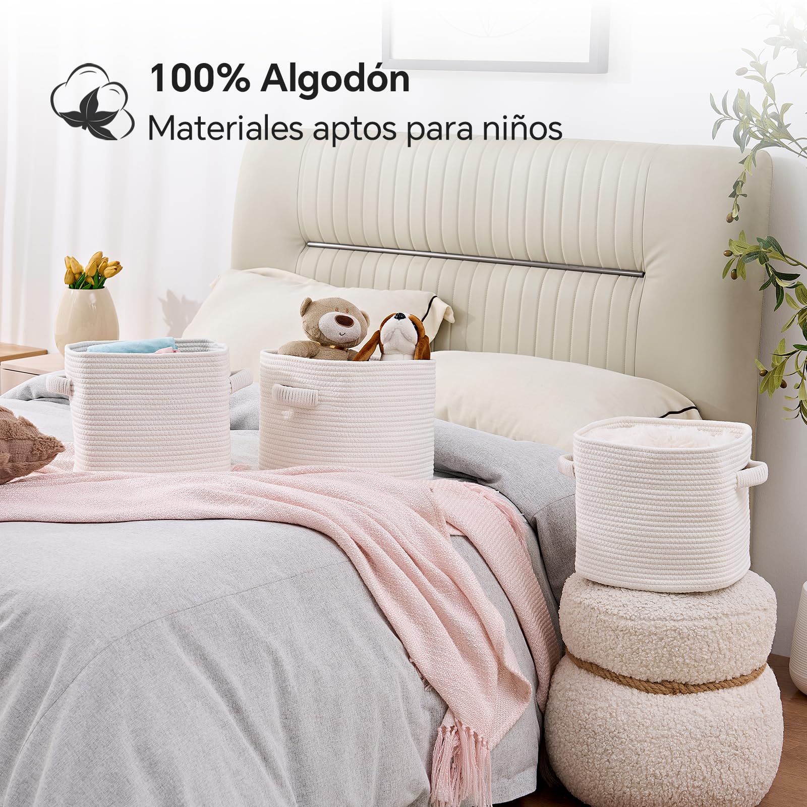 Mangata Juego de 3 cestas de almacenamiento de cuerda de algodón trenzado con asas, para estantería, baño, salón y habitación infantil, 28 x 28 x 25 cm, color blanco