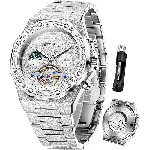 OLEVS Mens Automatic Watches Self-Winding Starry Sky Diamond Skeleton Luxury Wrist Watch Waterproof Luminous