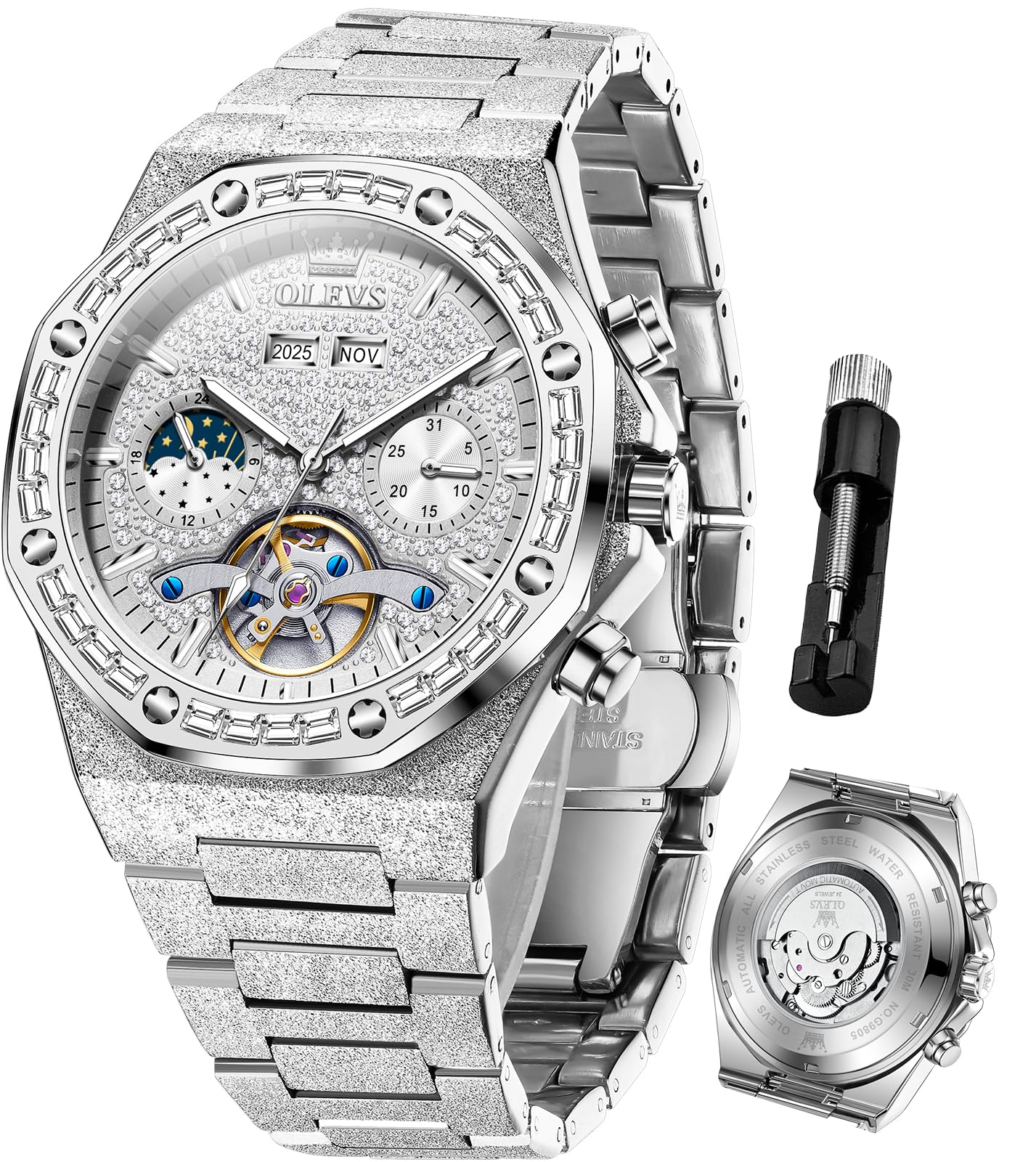 OLEVS Mens Automatic Watches Self-Winding Starry Sky Diamond Skeleton Luxury Wrist Watch Waterproof Luminous