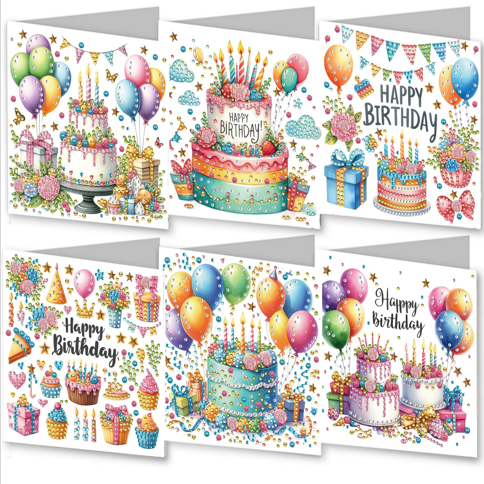 AYUCHYN ART 6 Pack Birthday Mixed Greeting Cards Cake| 5D DIY Diamond Painting Crystal Art Cards Making Kit with Envelopes & Full Tools | Xmas Cards Gift Postcards for Handmade 30*15cm (Birthday Cake)