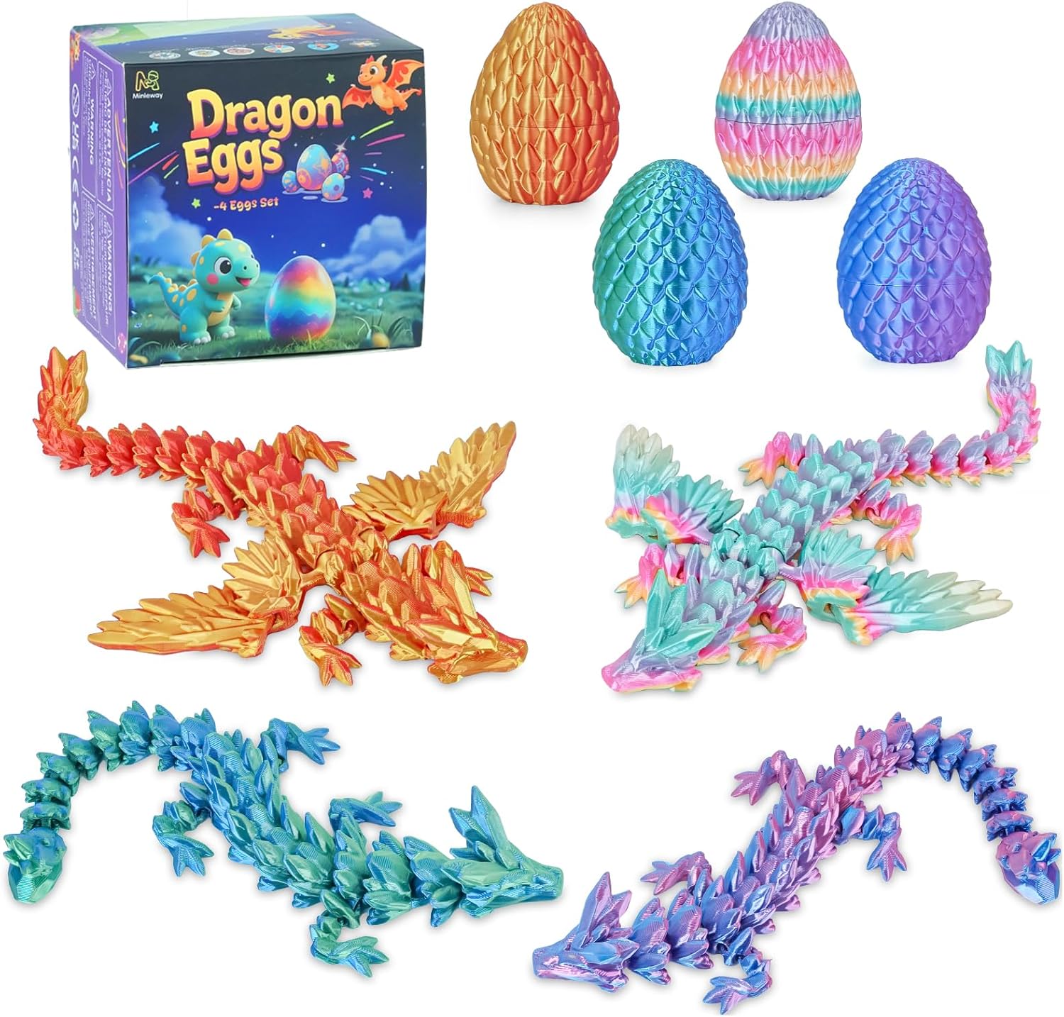 4PCS 3D Printed Dragon Eggs with Articulated Dragons,Mystery Toys Gifts for Kids Adults Easter Basket Stuffers Christmas Stocking Fillers Home Office Decor (Multicolor SetA-4pcs)