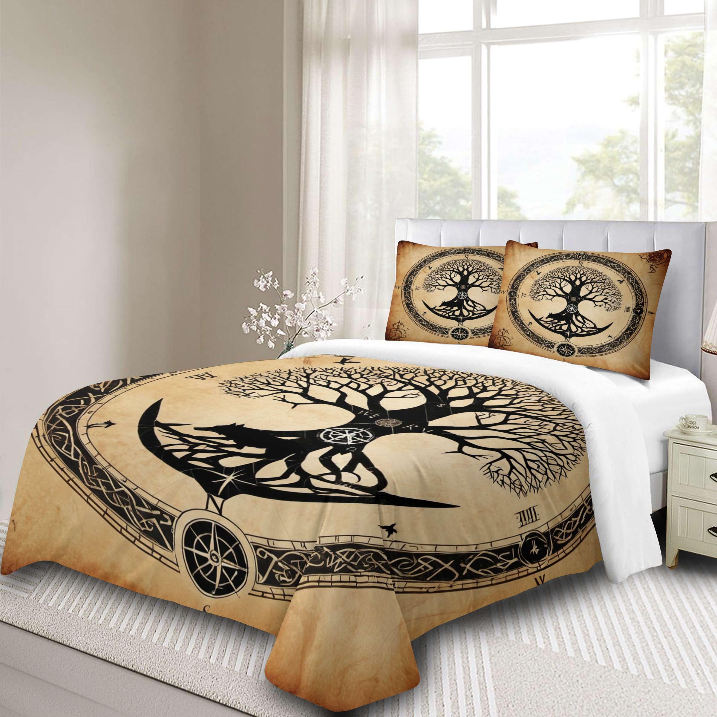 Copripiumino Matrimoniale 220x240 cm Motivo Vichingo Nodo celtico Lupo Corvo 3D Set di Biancheria da Letto Con Microfibra Comfort Morbida 3-Pezzi con 2 Federe 50x75 con Cerniera e Fascette Angolari