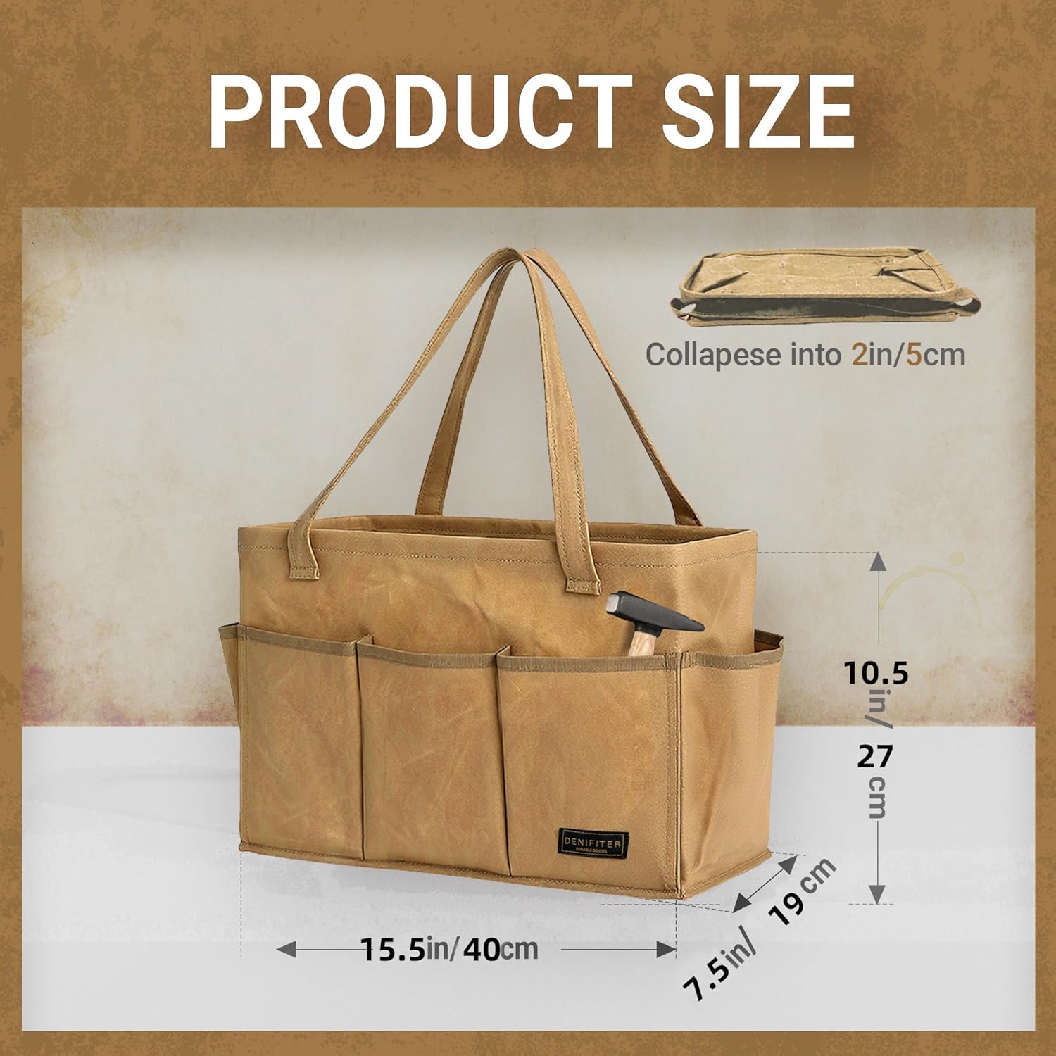 Denifiter Heavy-Duty 16-oz Waxed Canvas Tool Bag with Metal Frame - Collapsible Organizer Tote Bag(Khaki | 15.5"x7.5"x10.5")