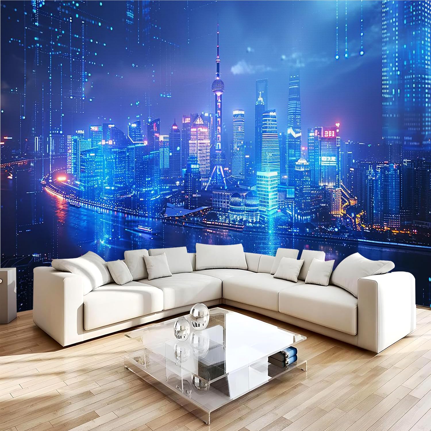 Carta da parati effetto 3D Città Moderna 350 x 256 cm Murale Non Tessuto Vista Notturna Fotomurale Stampa HD Moderna Poster Per Soggiorno E Camera Da Letto Design 2M1749