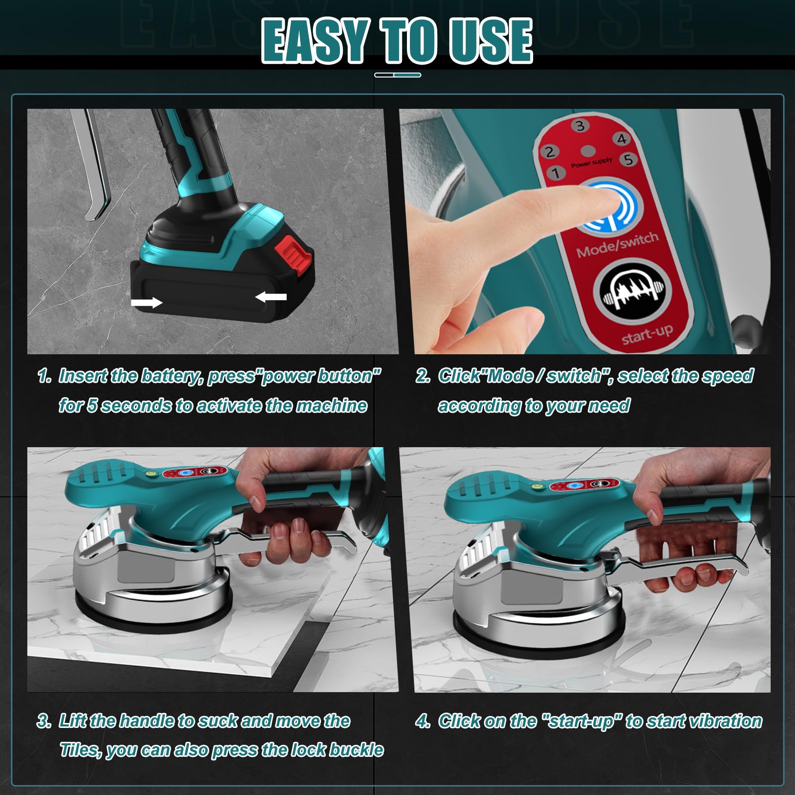 WingFly Vibratore per Piastrelle per Makita 18 V batteria, Strumenti per Piastrellista con 6 Marce Regolabili, ventosa da 13 mm, Adsorbimento per piastrelle da 30 – 240 cm