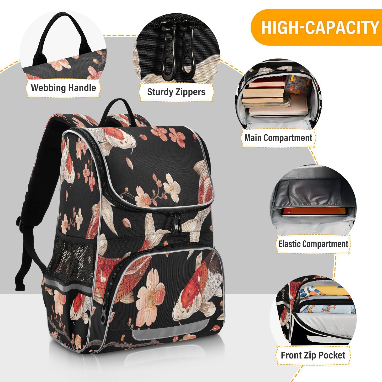 Fiori Di Pesce Koi Elegante Nuoto Zaino Scolastico Borsa Ad Alta Capacità per Ragazze e Ragazzi