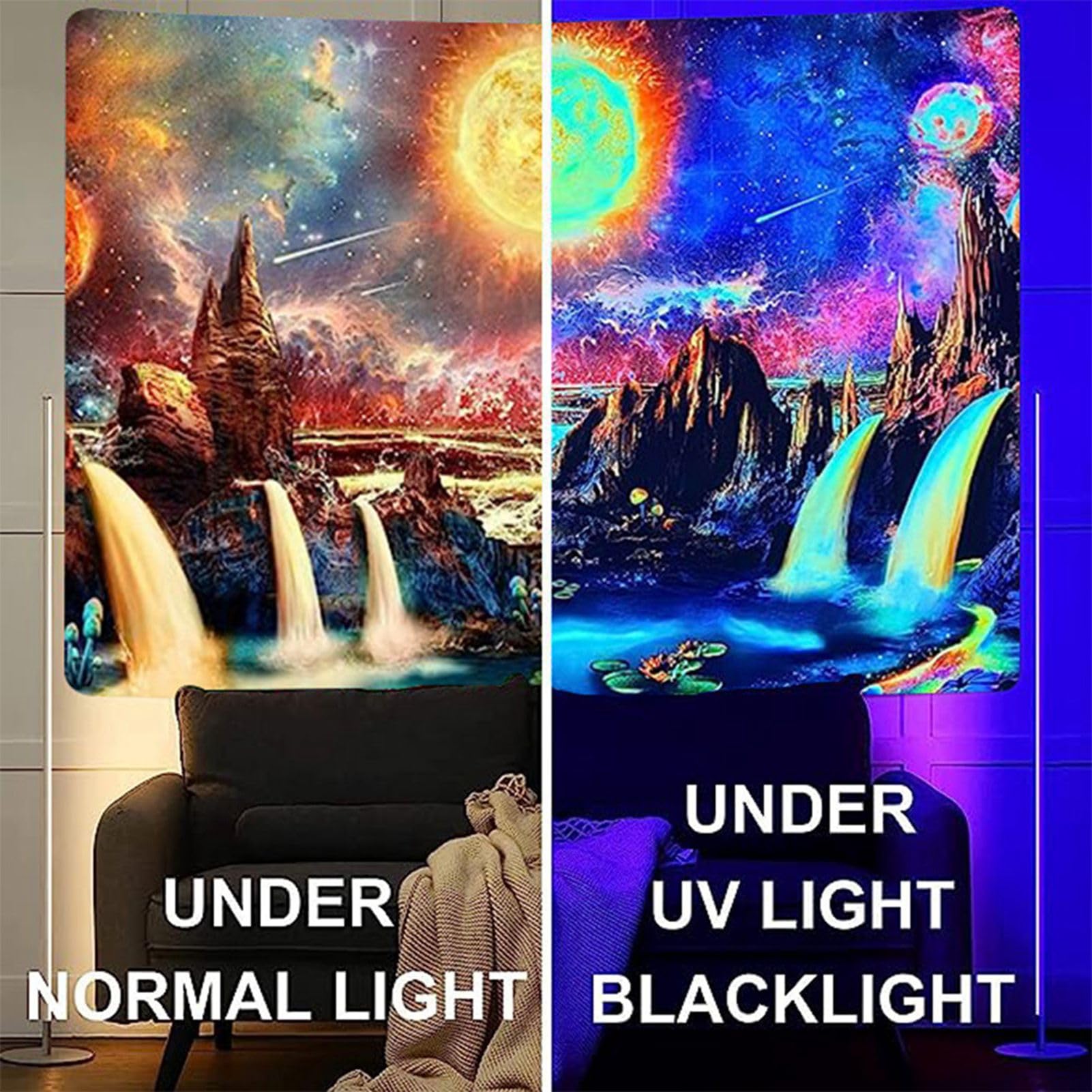 Leofanger Tapiz De Planeta Trippy Con Luz Negra, Reactivo A Los Rayos UV, Tapiz De Pared De Montaña, Tapiz De Galaxia, Cielo Nocturno Estrellado, Tapices Para Colgar En La Pared Para Decoración