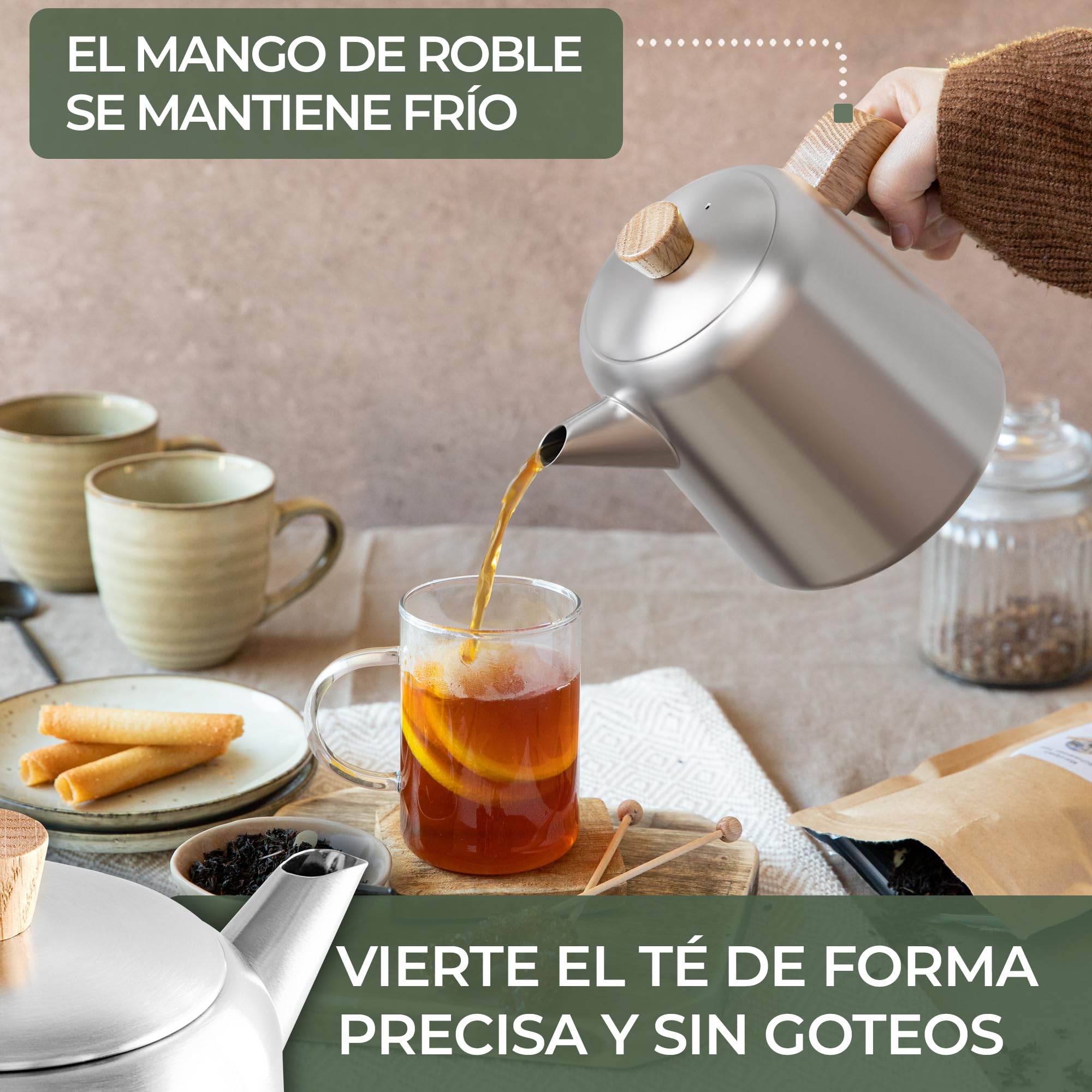 WALDWERK Tetera con Calentador (1,1 L) – con filtro de acero inoxidable 304 – asas de madera de roble – 100% antigoteo – Tetera con colador extraíble