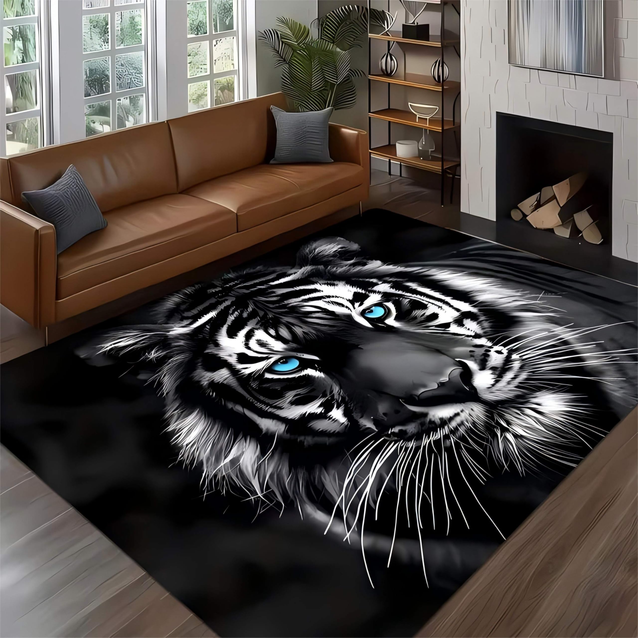 Animal Area Rugs, 60x110cm 3D Cool Black and White Tiger Rug, Washable Large Rug for Living Room, Non-Slip and Soft Wildlife Decorative Rug, Carpet for Bedrooms, Offices, Dining Rooms, Kitchens