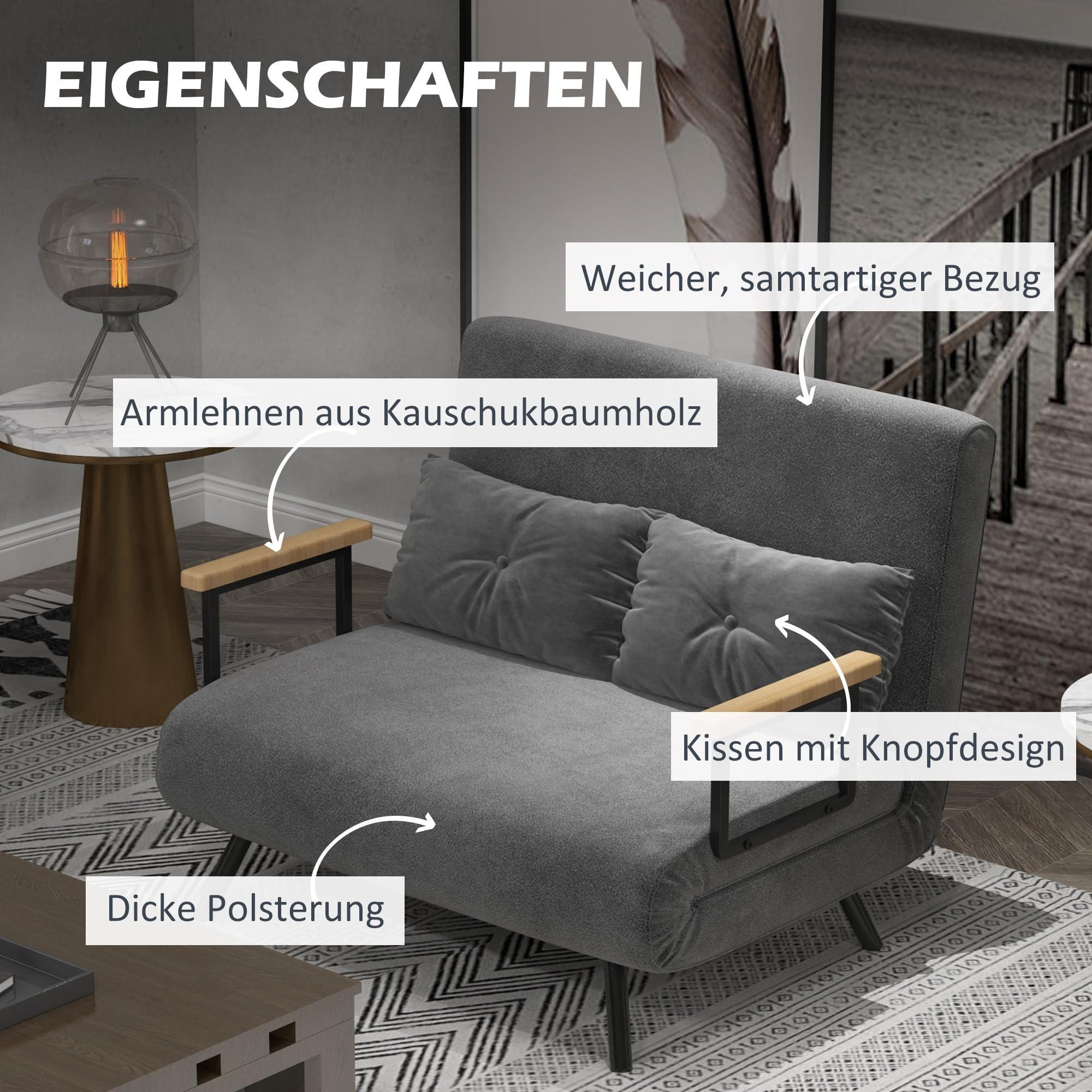 HOMCOM Schlafsofa 4 in 1 2 Sitzer Sofa mit Schlaffunktion, 183 x 98,5 cm Klappbar Couch Schlafcouch mit 5-stufig Verstellbarer Rückenlehne, Lendenkissen und Samtoptik für Wohnzimmer, Dunkelgrau