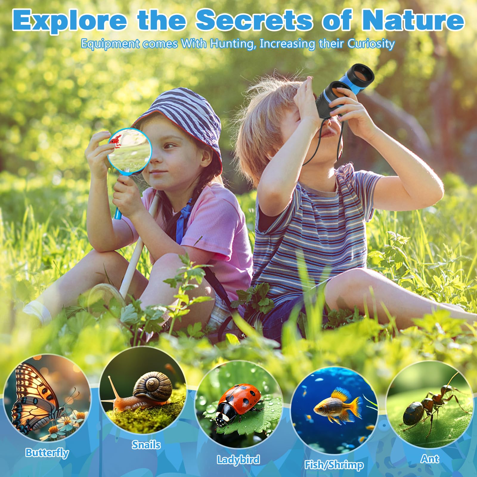 23 PCS Kit Esploratore Bambini, Set di Esplorazione per Bambini, Set Explorer Outdoor Giocattoli, con Binocolo, Gilet, Cappello, per età 3+, Anni, Kit di esplorazione Regalo (Blu)