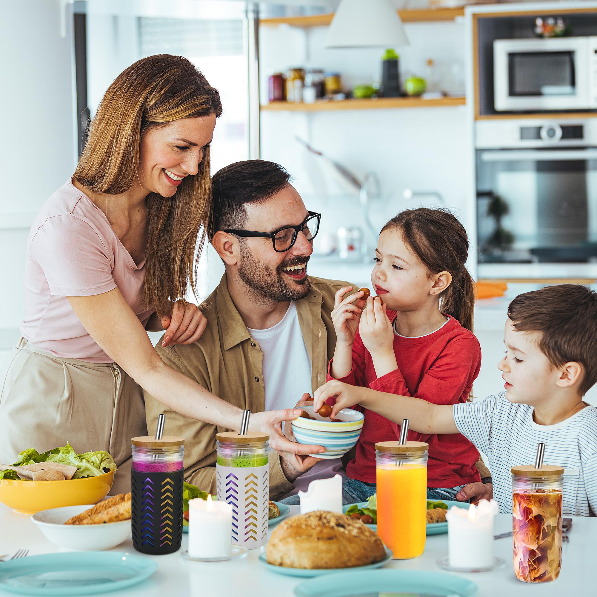 Elma Home 4 Pack Iridescent Glass Cup Set - 24oz Jars with 4 Bamboo Lids,4 Metal Straws,2 White Airtight Lids,2 Silicon Sleeves & Straw Brush Cleaner-Reusable Drinking Glasses
