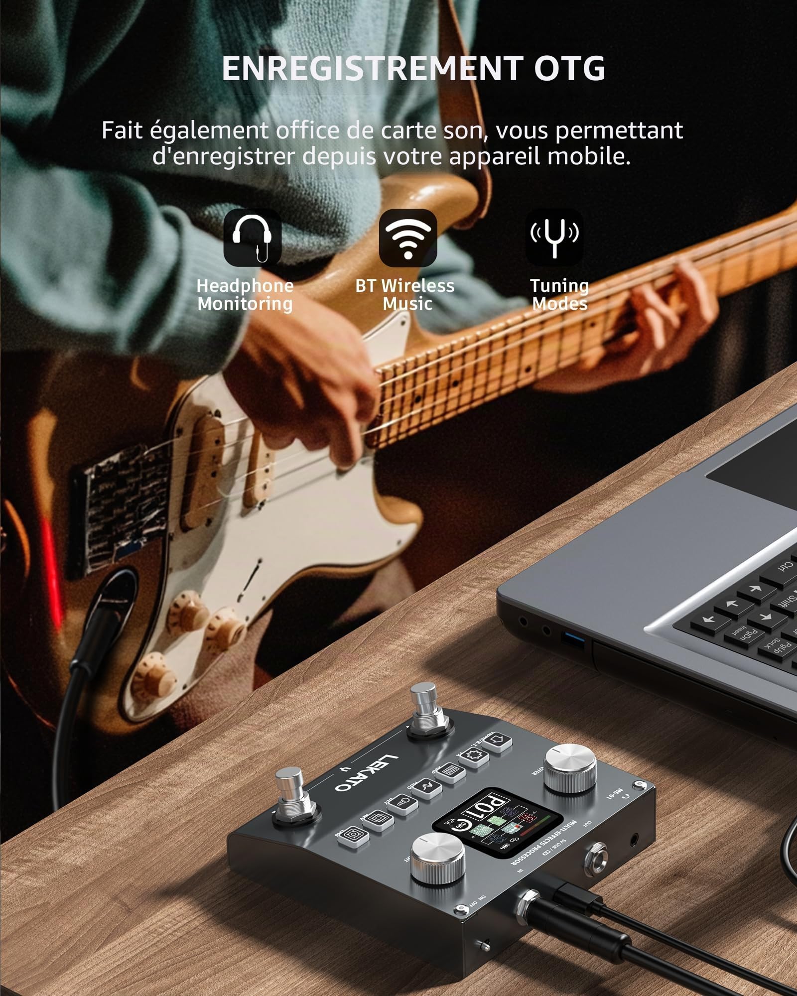 LEKATO Pédale multi-effets pour guitare, processeur d'effets rechargeable pour basse avec 6 modules d'effets, 80 préréglages éditables, édition APP, chargement IR, enregistrement OTG, fonction BT