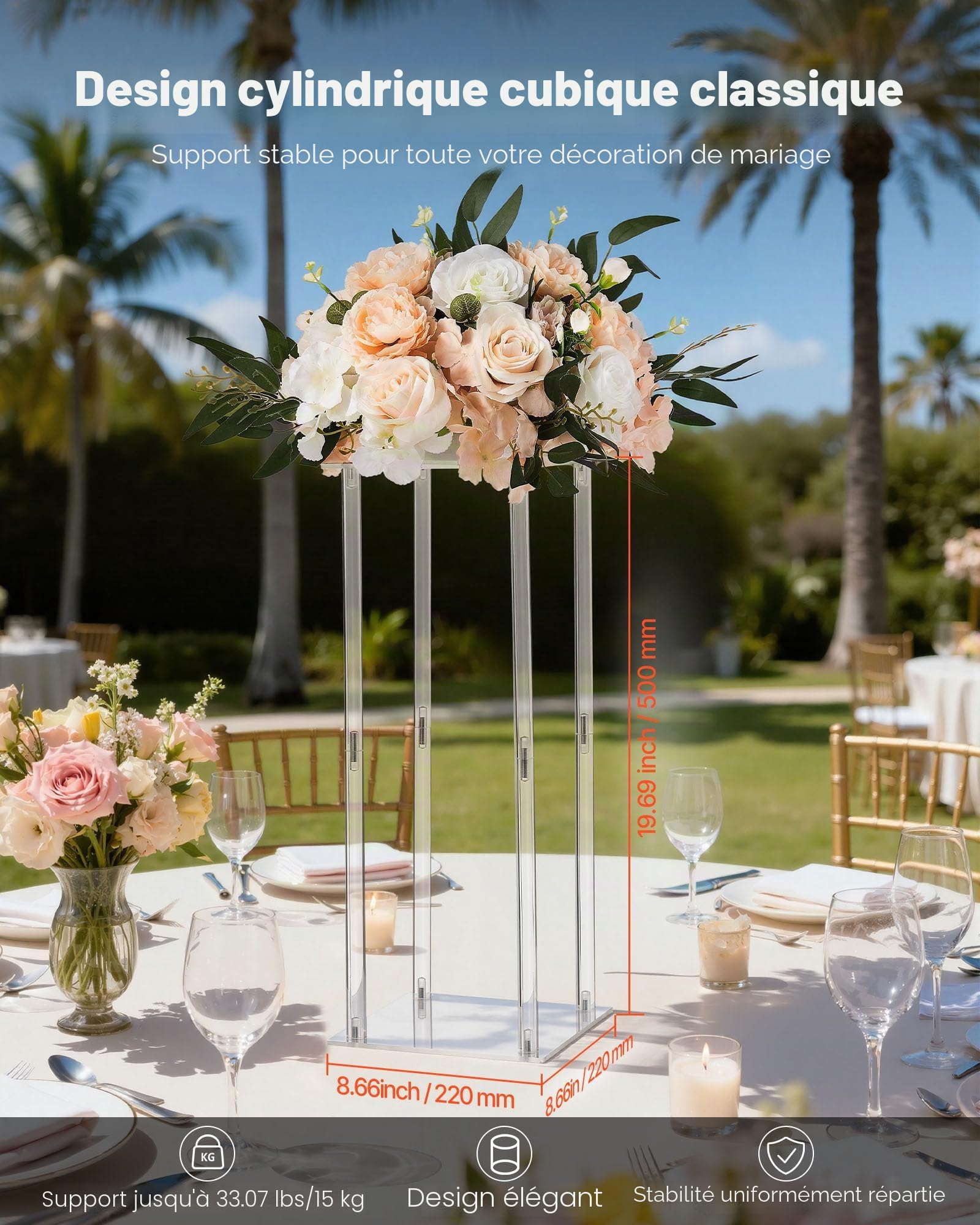 VEVOR Support Fleur Mariage Colonne Lot de 10 Support Fleur Centre de Table Mariage Acrylique 50 cm Présentoir Floral pour Fêtes, Anniversaires, Déco Intérieure, Pieds Cylindre Panneaux Transparents