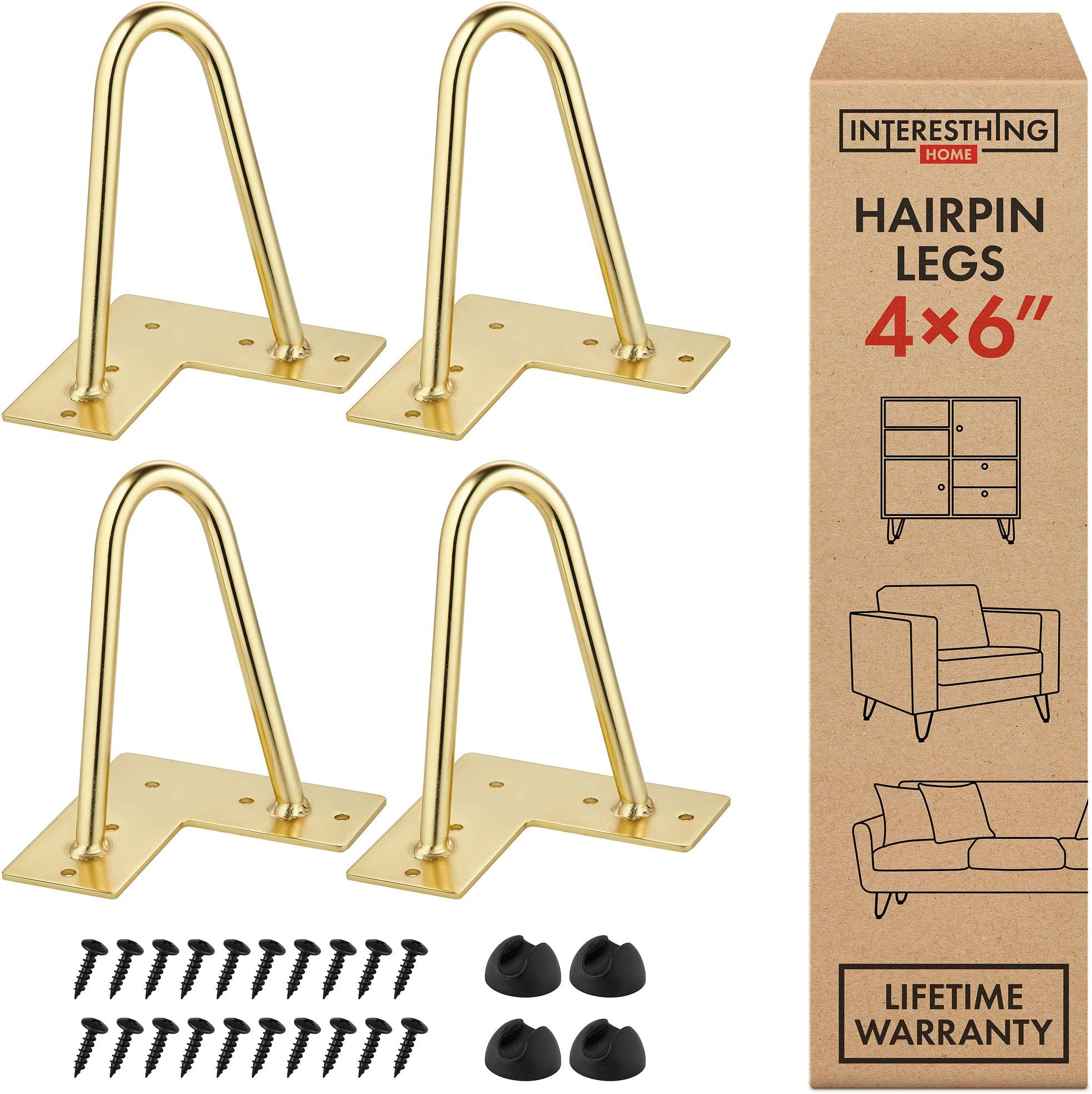 Hairpin Legs for Coffee and End Tables, Chairs and Rubber Floor Protectors, 6 Inches, Gold