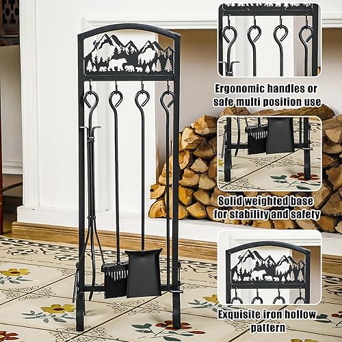 Miniatura 4 de WILLBOND Juego de 5 herramientas para chimenea de oso, juego de chimenea de hierro con asa, herramientas de chimenea, incluye cepillo de póquer