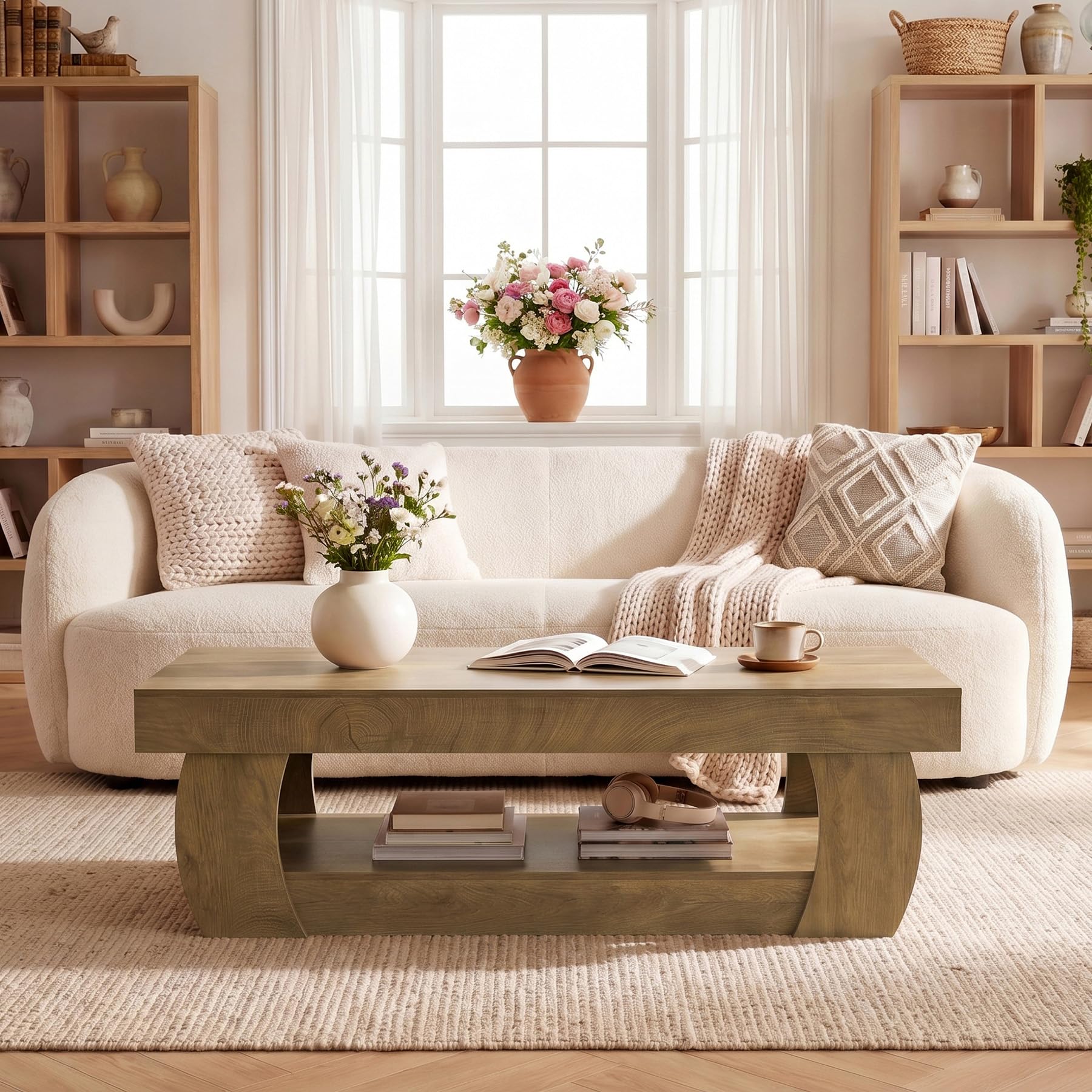 Tribesigns Couchtisch 140 cm mit Stauraum, Rechteckiger Couchtisch mit Ablage, 2 Ebenen Wohnzimmertisch im Landhausstil, Großer Sofatisch Holz für Wohnzimmer, Rustikal Braun, 140 x 70 x 45 cm
