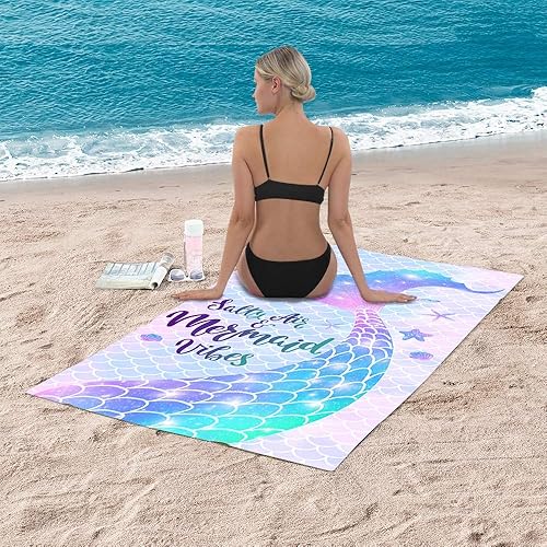 Miniatura 6 de Bonsai Tree Toalla de playa de sirena, linda toalla de baño de microfibra con cola de sirena para niñas, escamas de sirena, sin arena, de secado