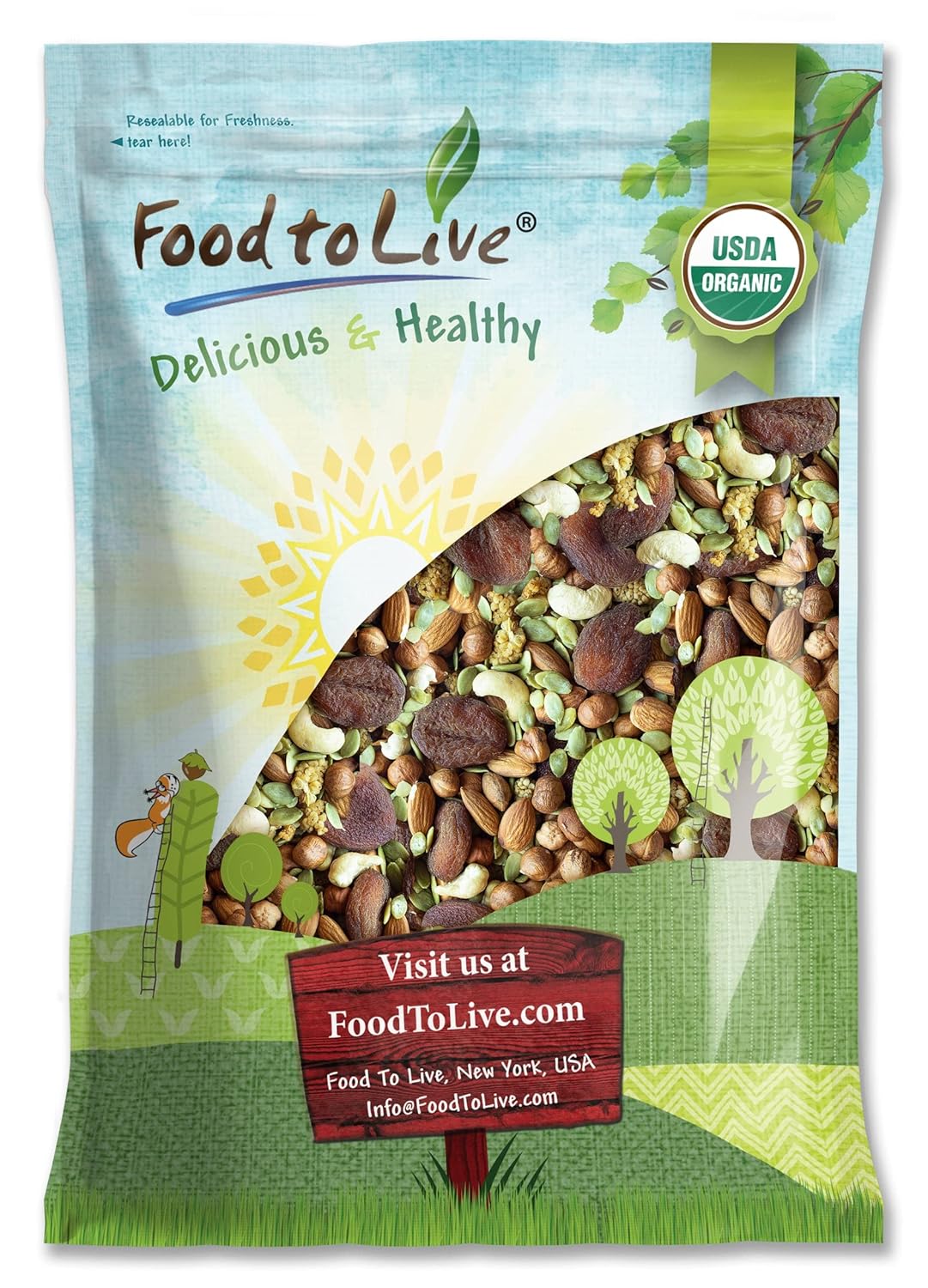 Food to Live Organic 6-Forces Trail Mix, 4 Pounds — Raw, Non-GMO, Mulberries, Cashews, Pumpkin Seeds, Apricots, Hazelnuts, Almonds. Vegan Superfood, Kosher, No Added Sugar, Bulk