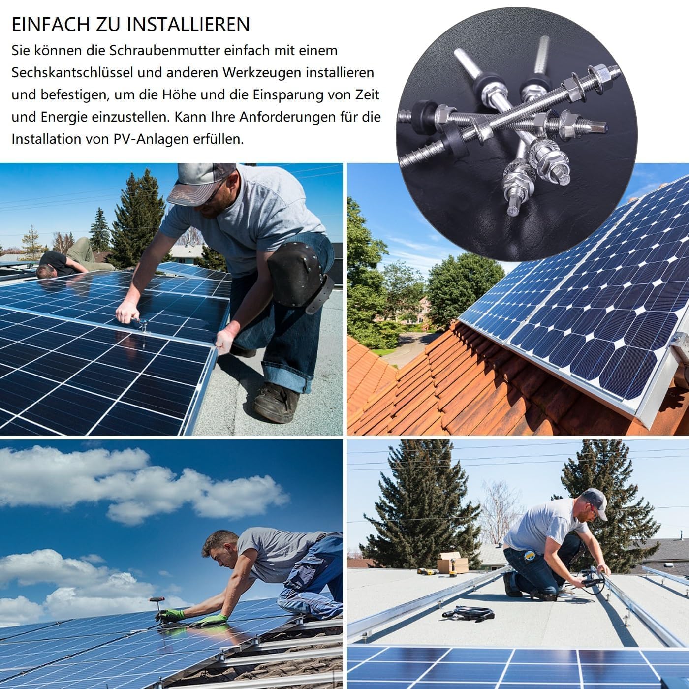 Lot de 6 vis à double filetage M10 x 200 mm Installation PV en acier inoxydable réglable en hauteur Chevilles pour fixation solaire photovoltaïque sur les toits de bâtiments Matériau : acier
