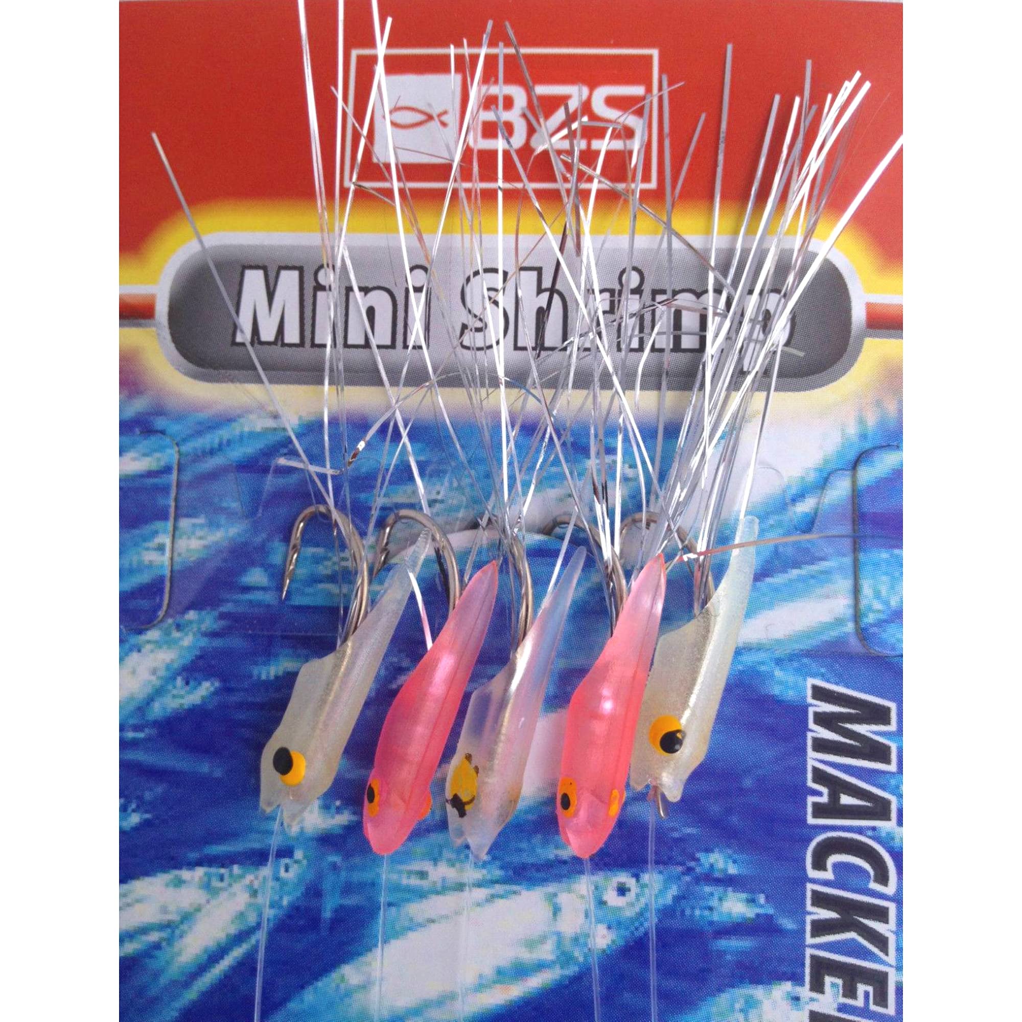 BZS Mini Shrimp Mackerel Feathers Sea Fishing Rigs, 5 Pack Ready Tied Sabiki Feather Traces for Mackerel Herring