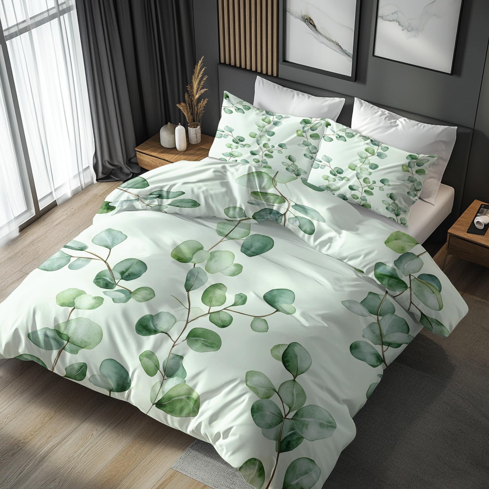 Nogawa Green Leaf Emperor Duvet Cover Sets - Eucalyptus Bedding Set - Reversible Quilt Cover & 2 Pillowcases With Zip And Ties, Ultra Soft And Non Iron Brushed Microfibre Bed Set 290 X 235